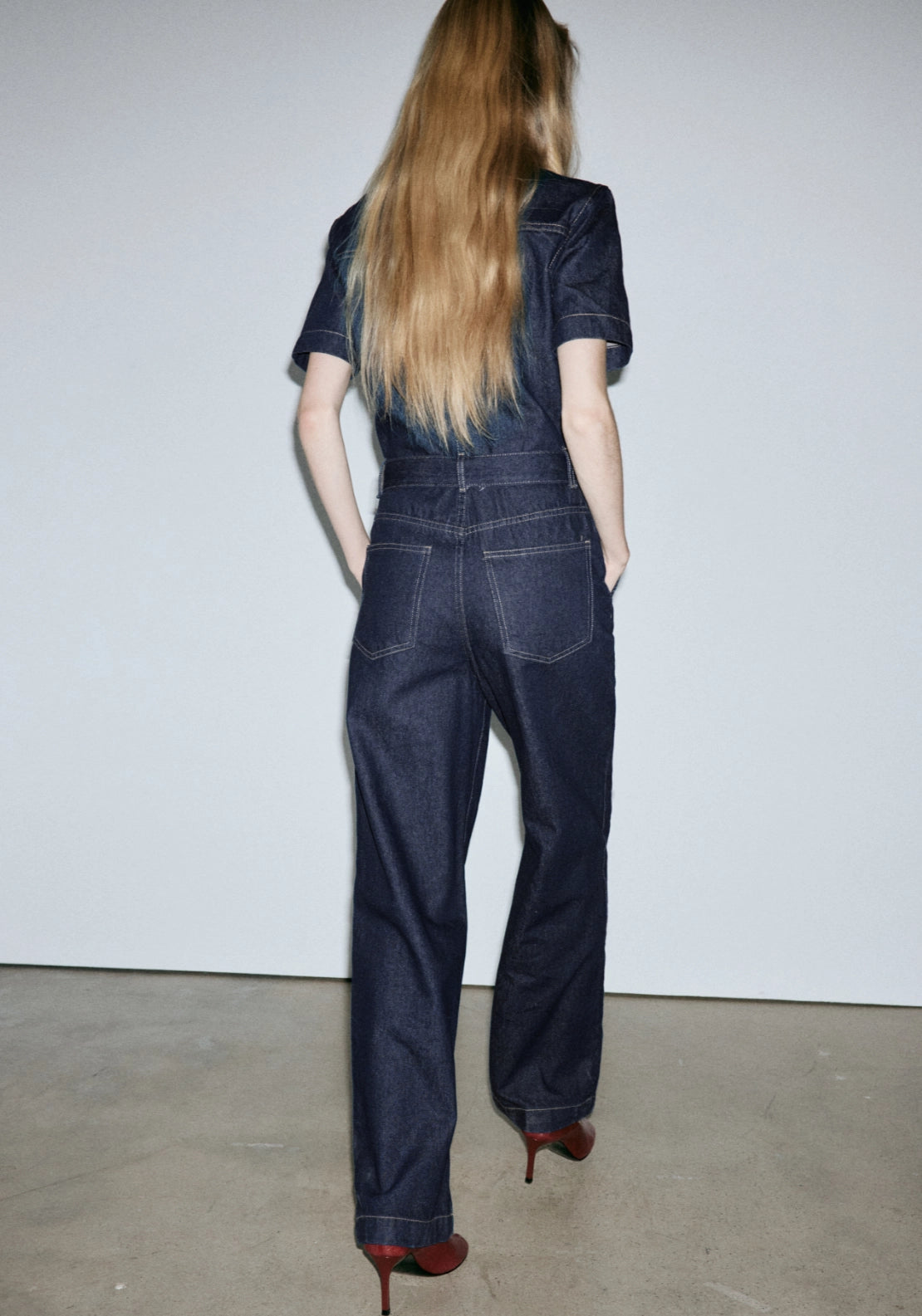 Denim Jumpsuit With Belt - Denim Blue
