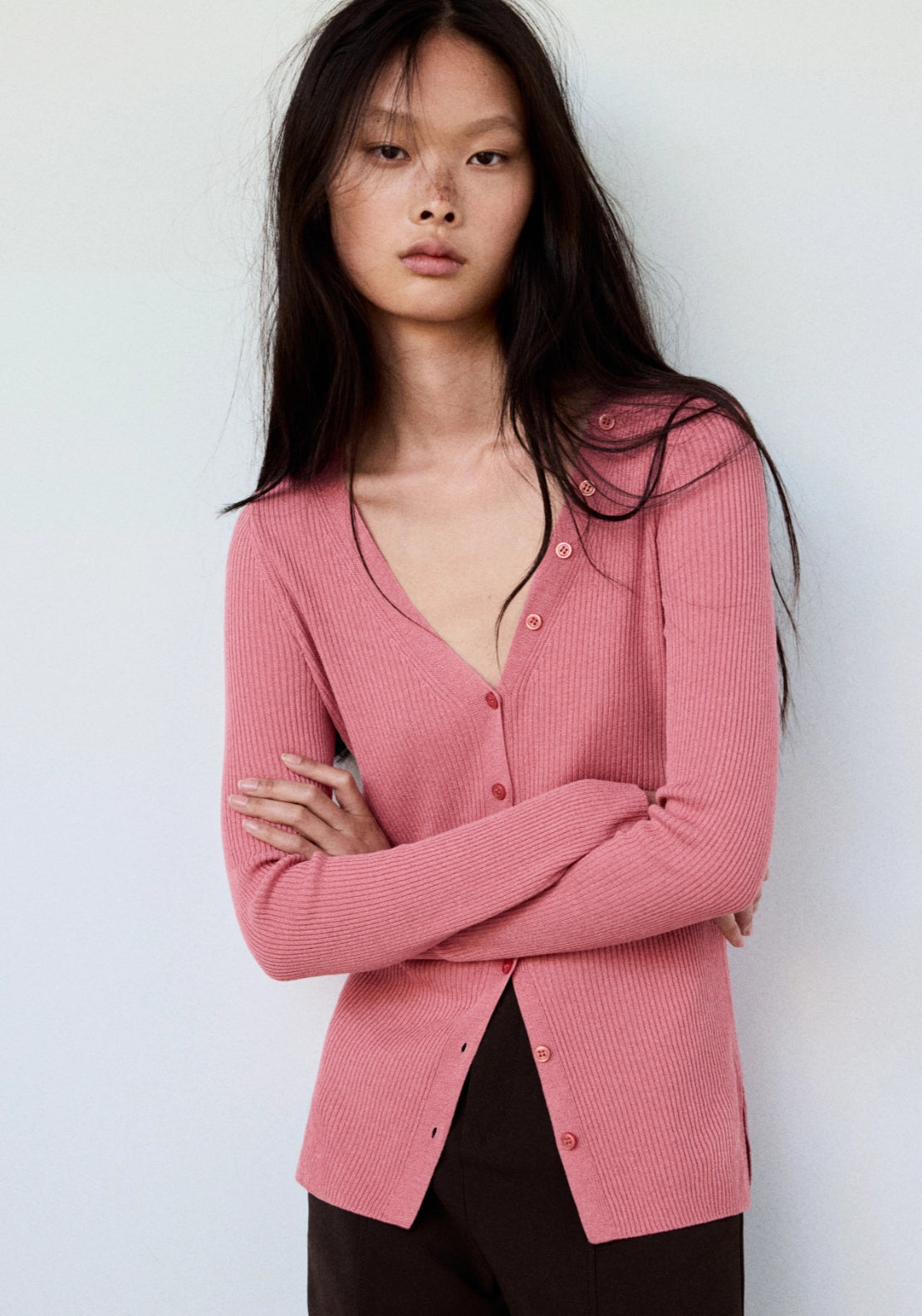 Buttoned Ribbed Cardigan - Pink