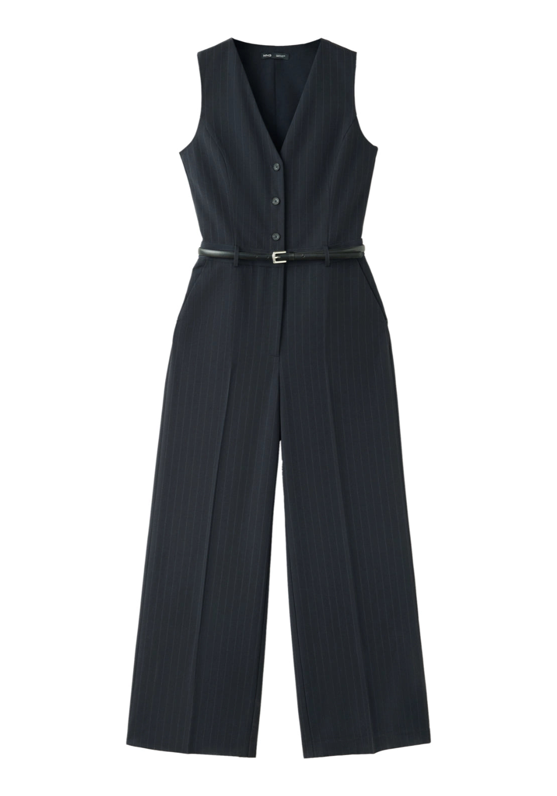 Pinstriped Belted Jumpsuit - Blue