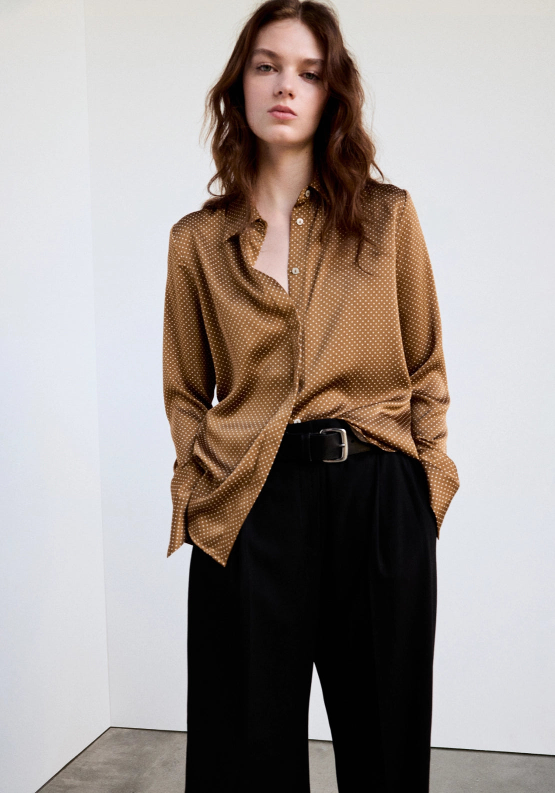 Polka Dot Satin Finish Shirt - Brown