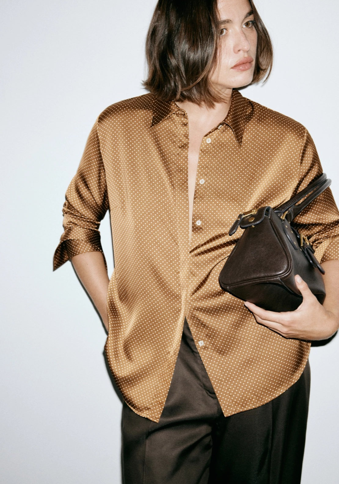 Polka Dot Satin Finish Shirt - Brown