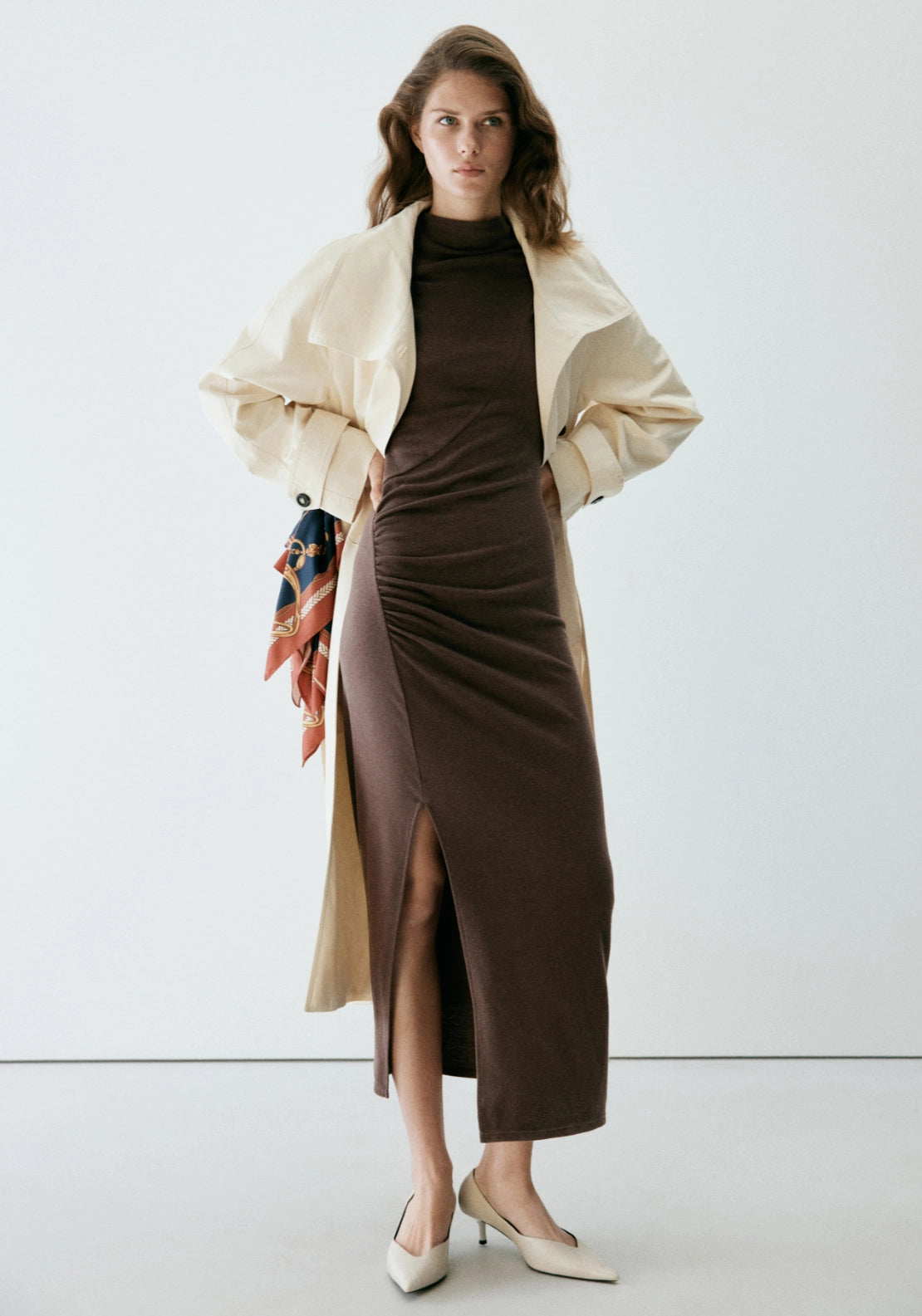 Side Ruched Knit Dress - Brown