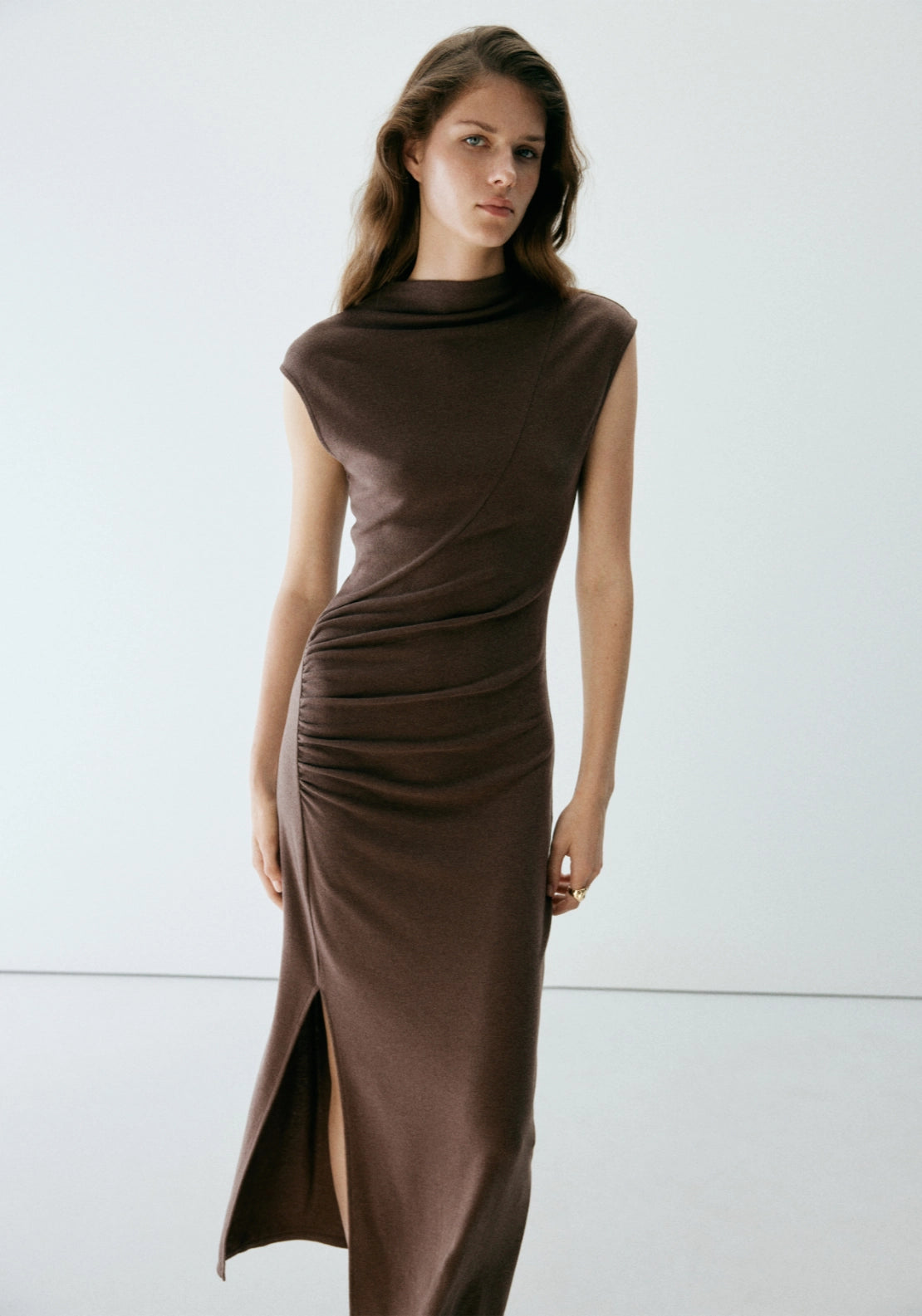 Side Ruched Knit Dress - Brown