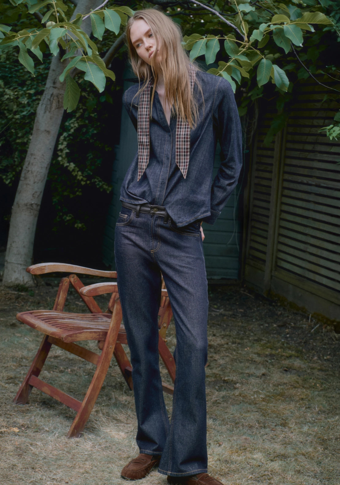 Scarf Neck Denim Shirt - Blue