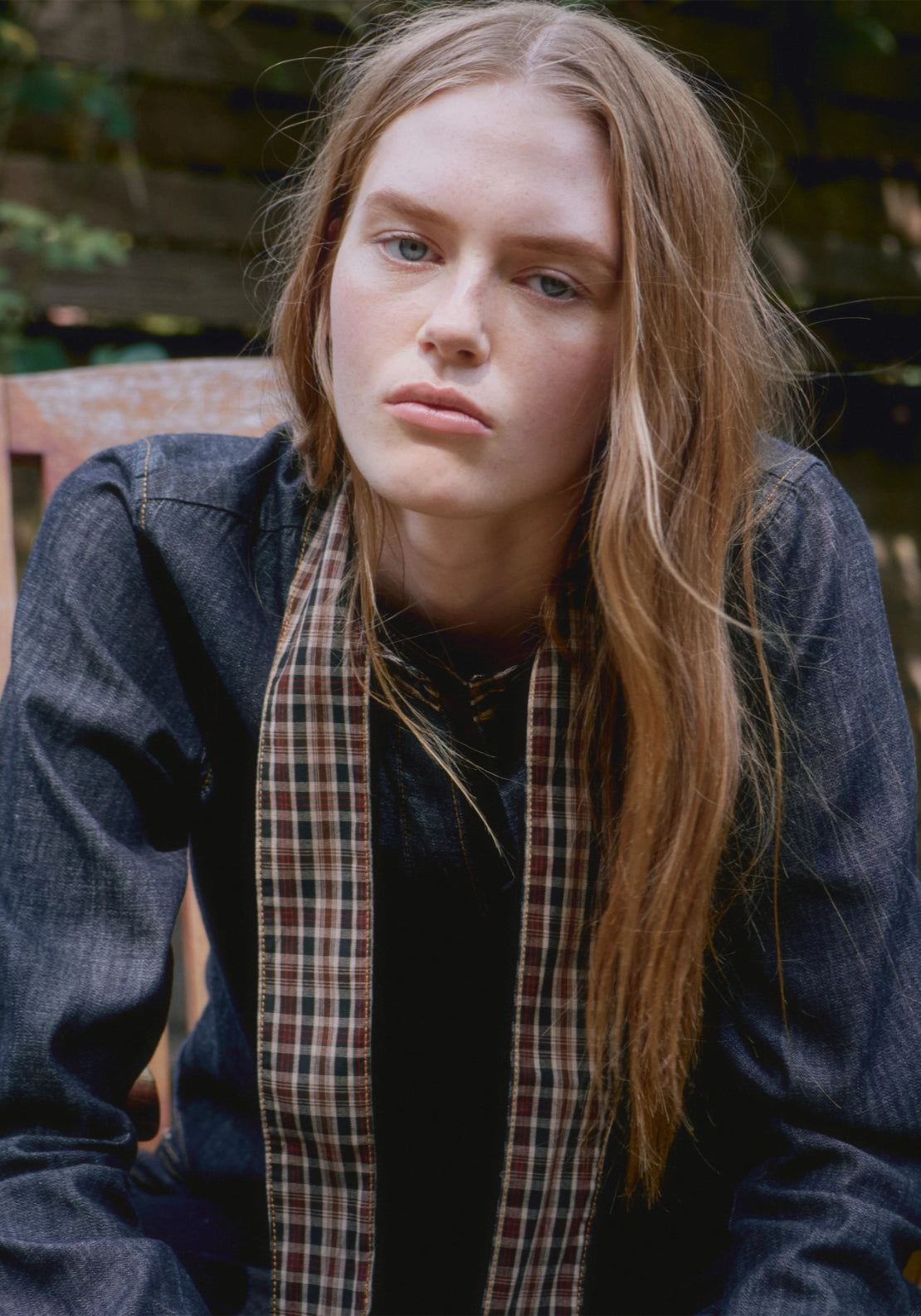 Scarf Neck Denim Shirt - Blue