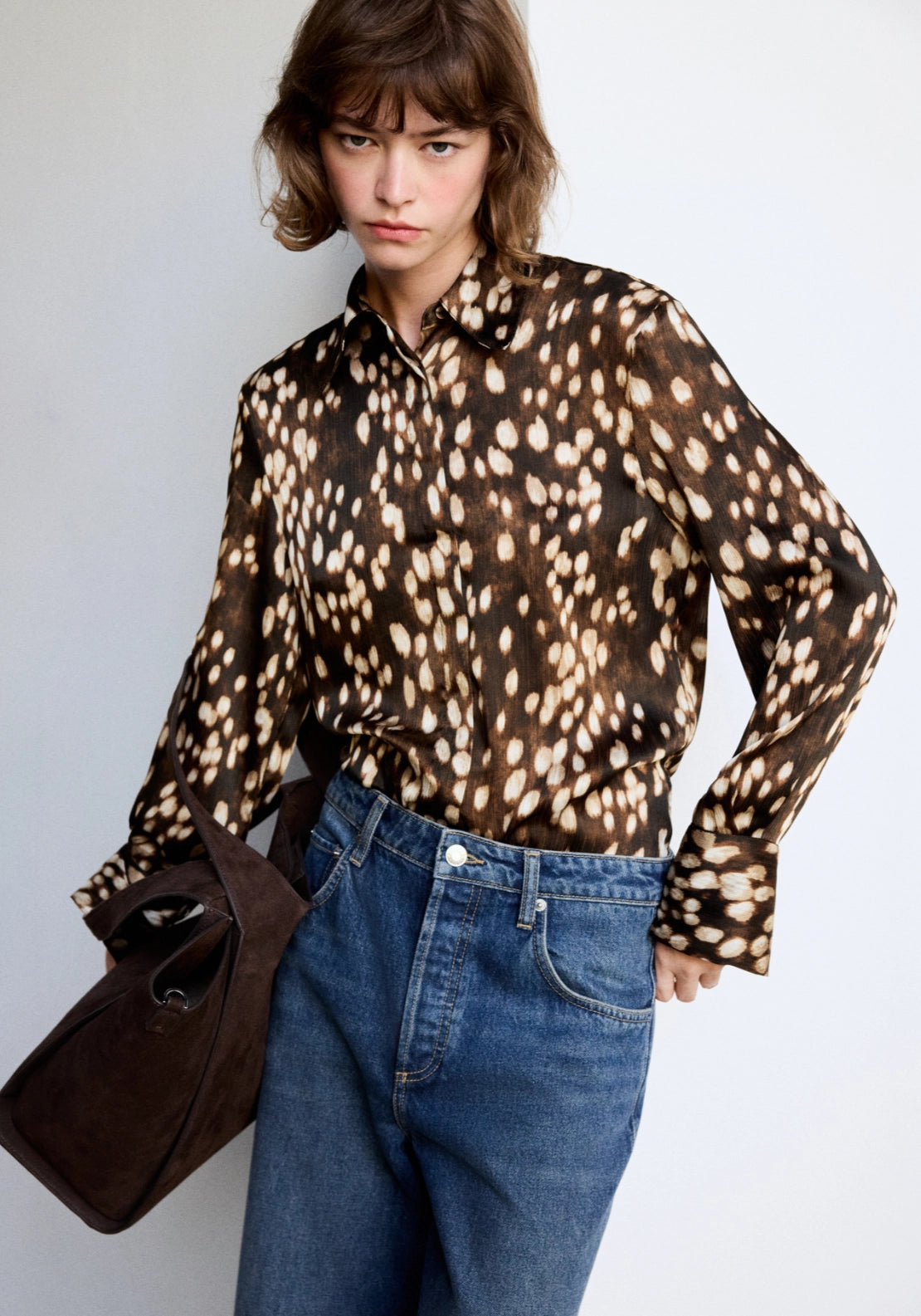 Checked Shirt With A Band Collar - Brown
