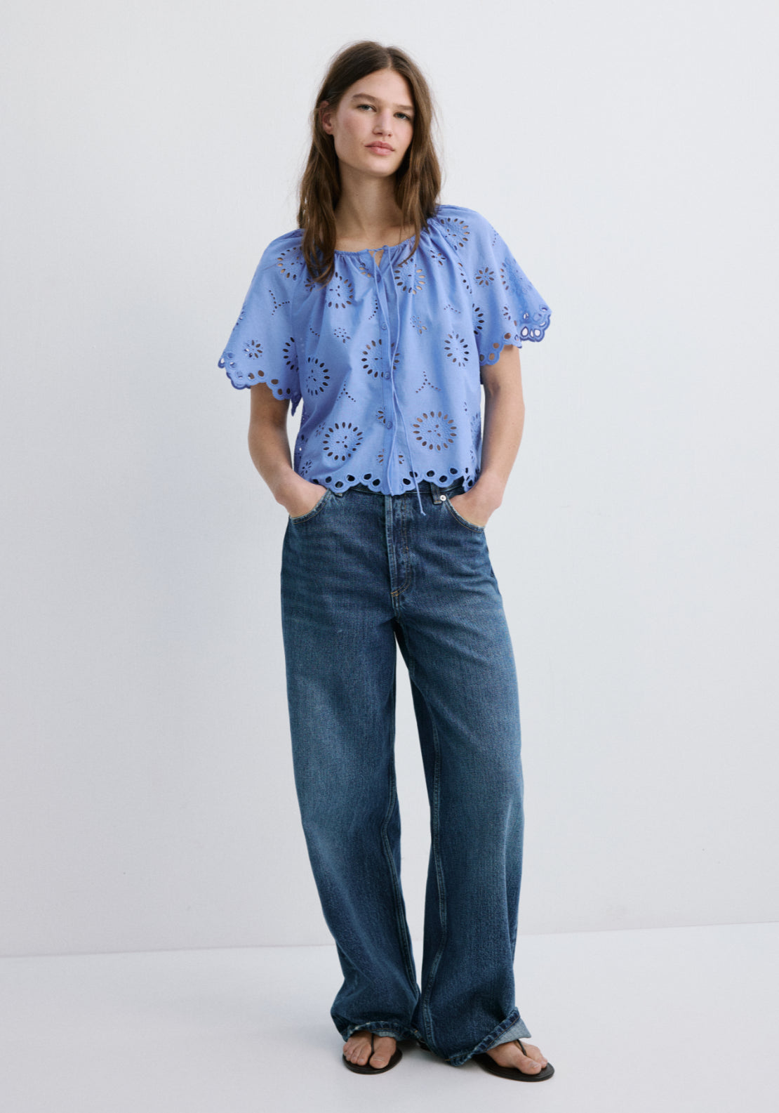 100% Cotton Blouse With Broderie Anglaise Embroidery - Blue