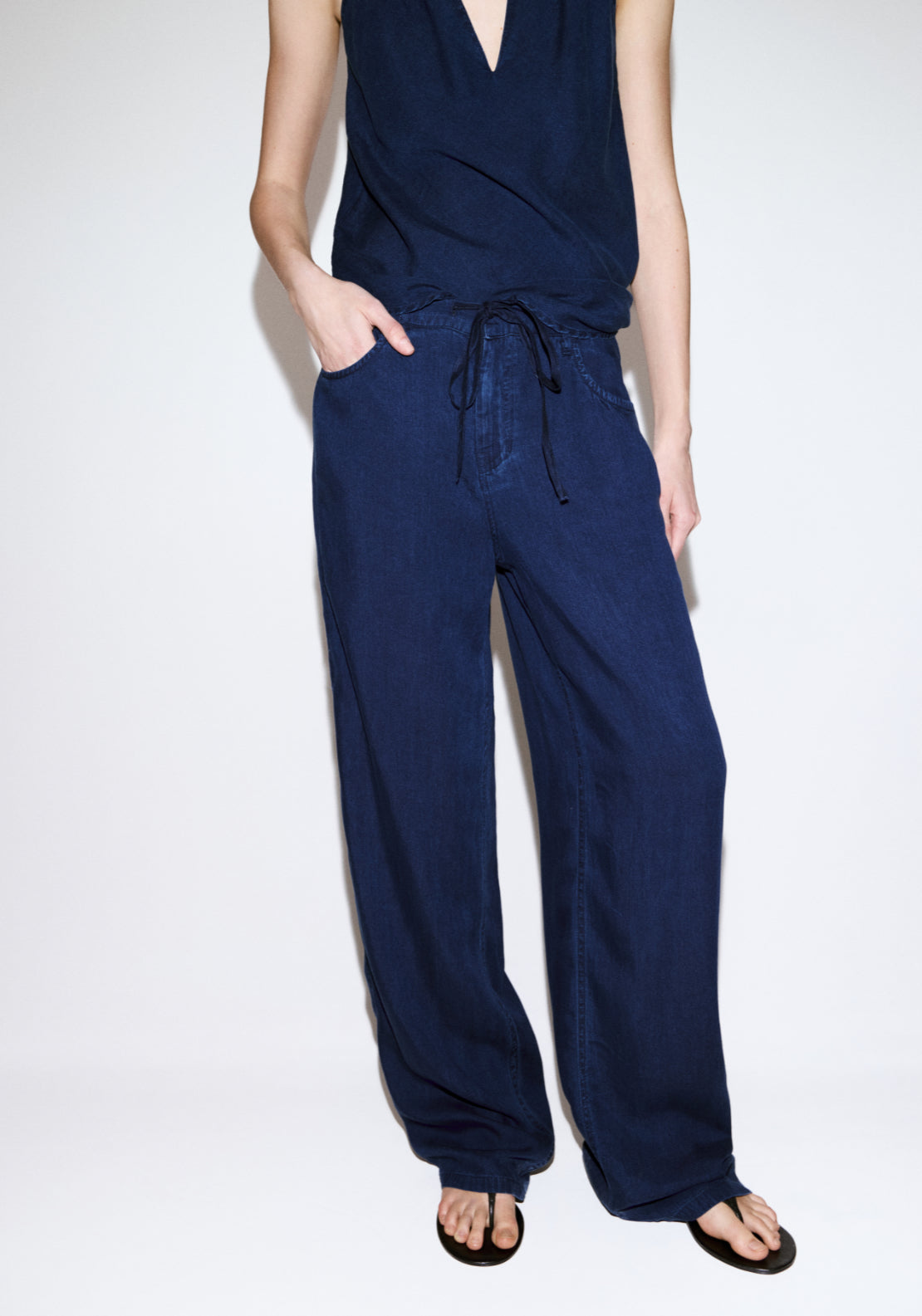 Denim Pants With Bow Belt - Denim Blue