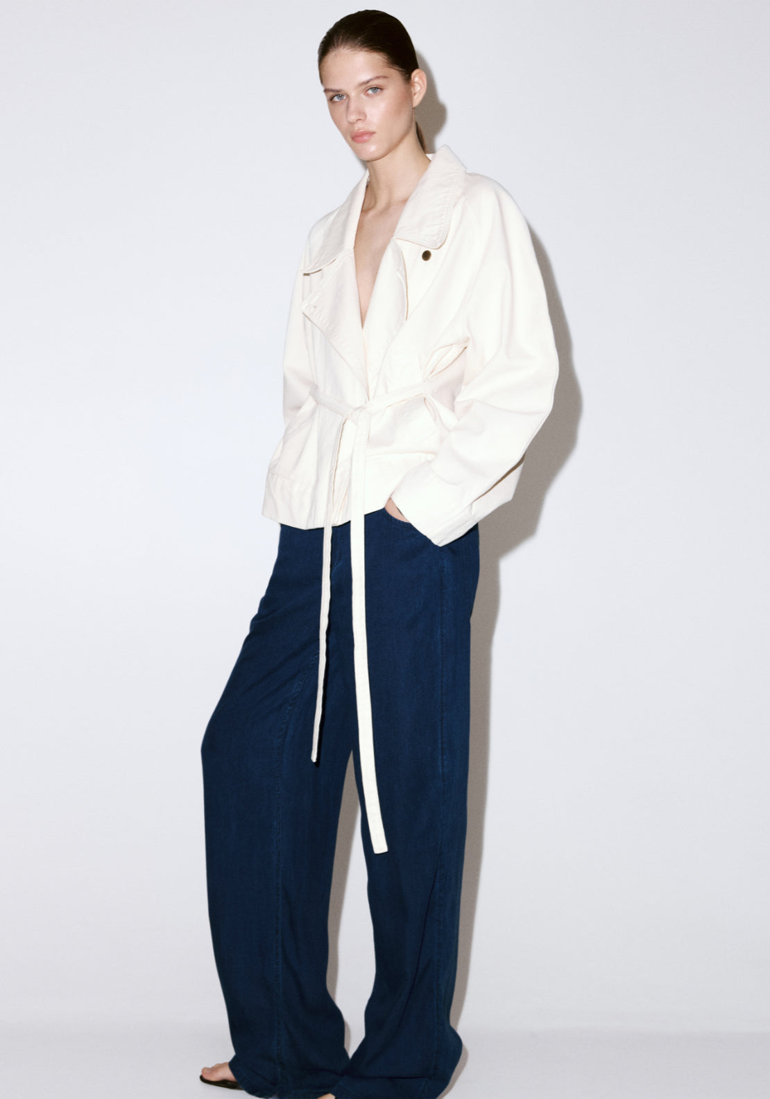 Denim Pants With Bow Belt - Denim Blue
