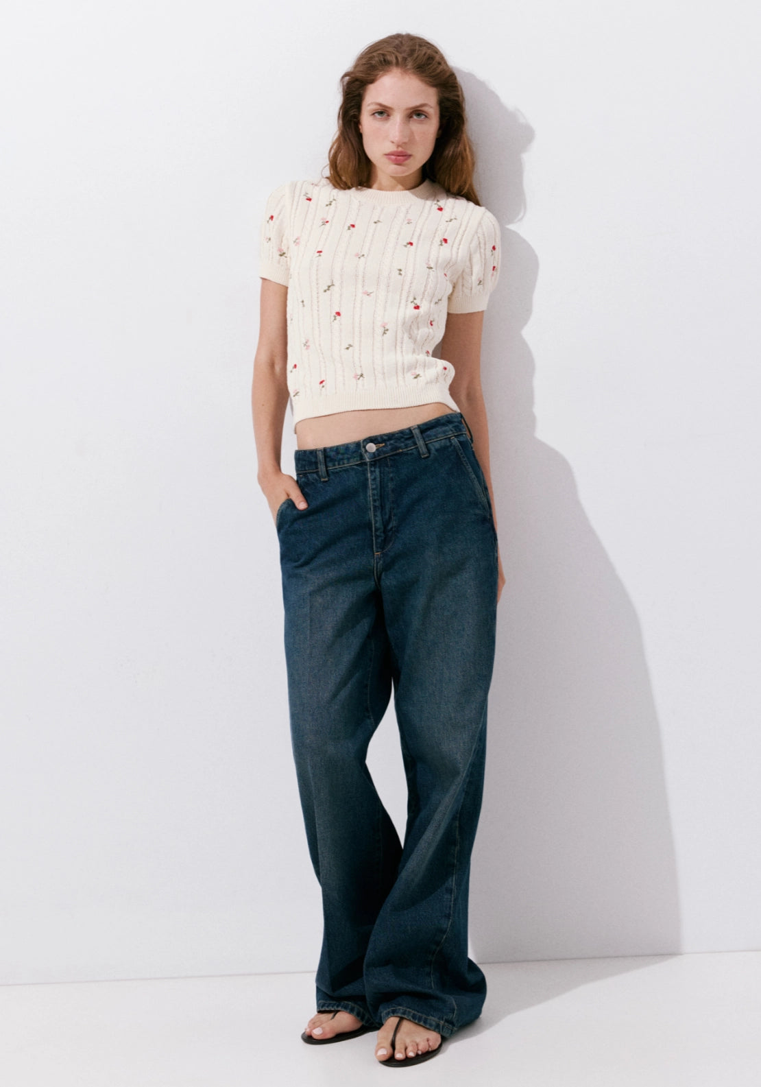 Ribbed Jersey With Floral Embroidery - Cream