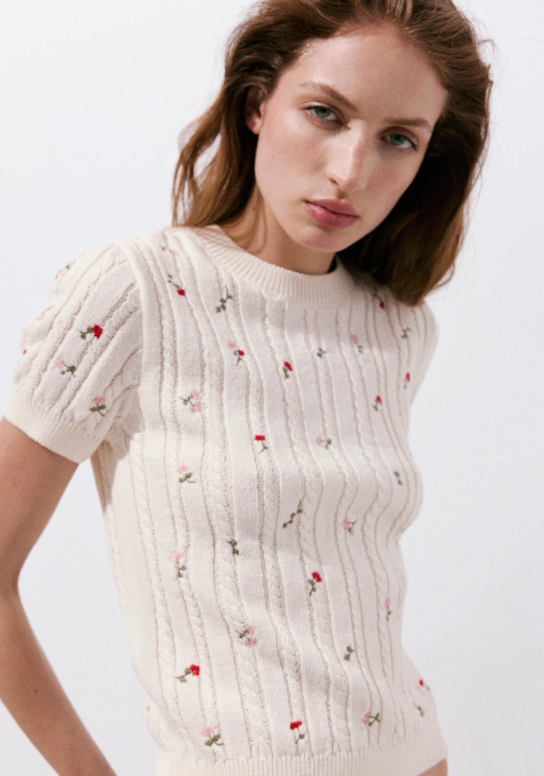 Ribbed Jersey With Floral Embroidery - Cream