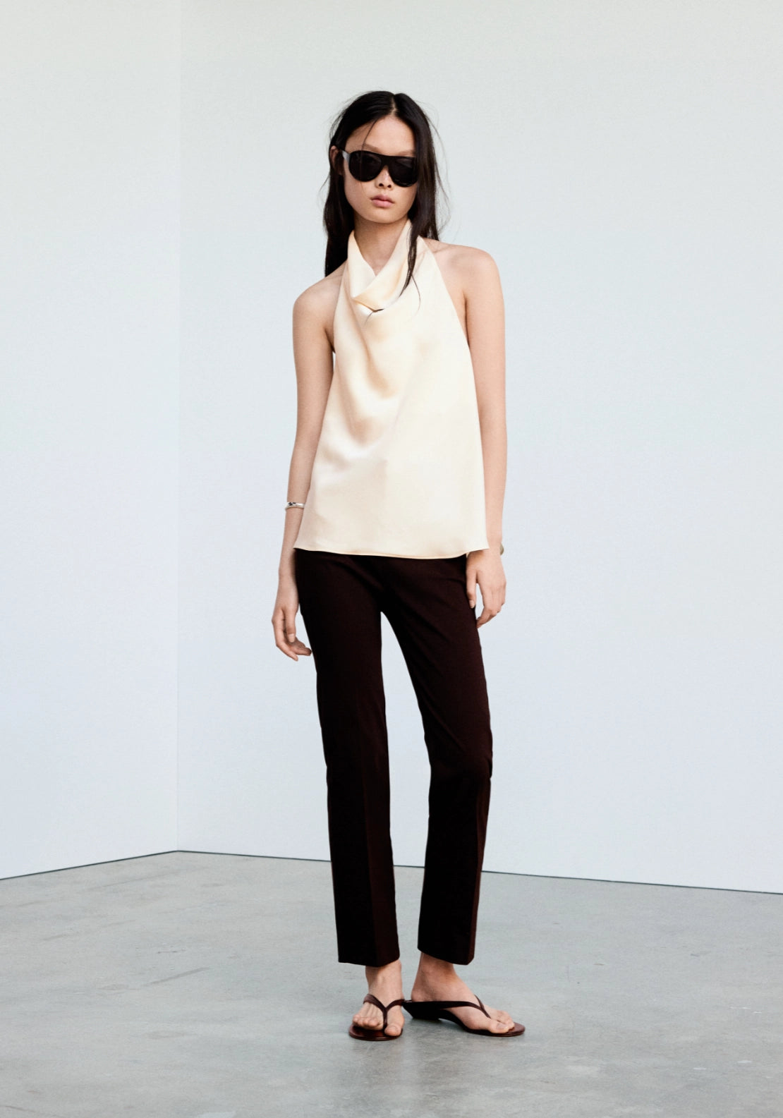 Draped Neck Satin Top - Beige