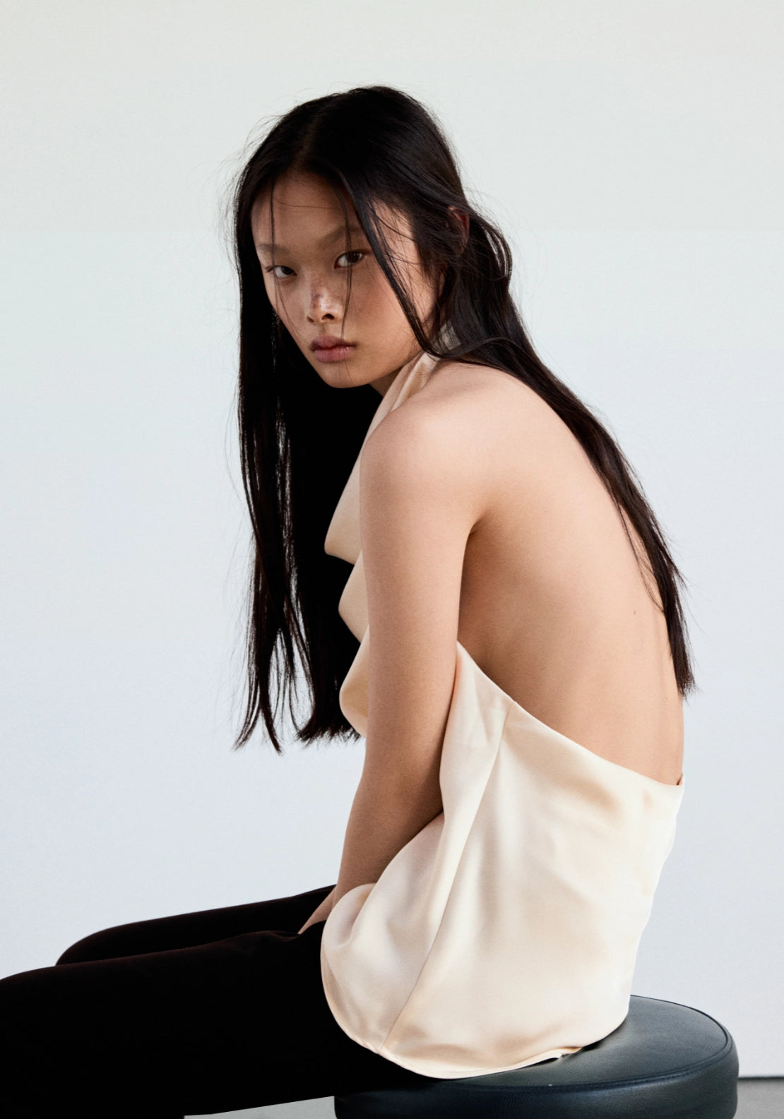 Draped Neck Satin Top - Beige
