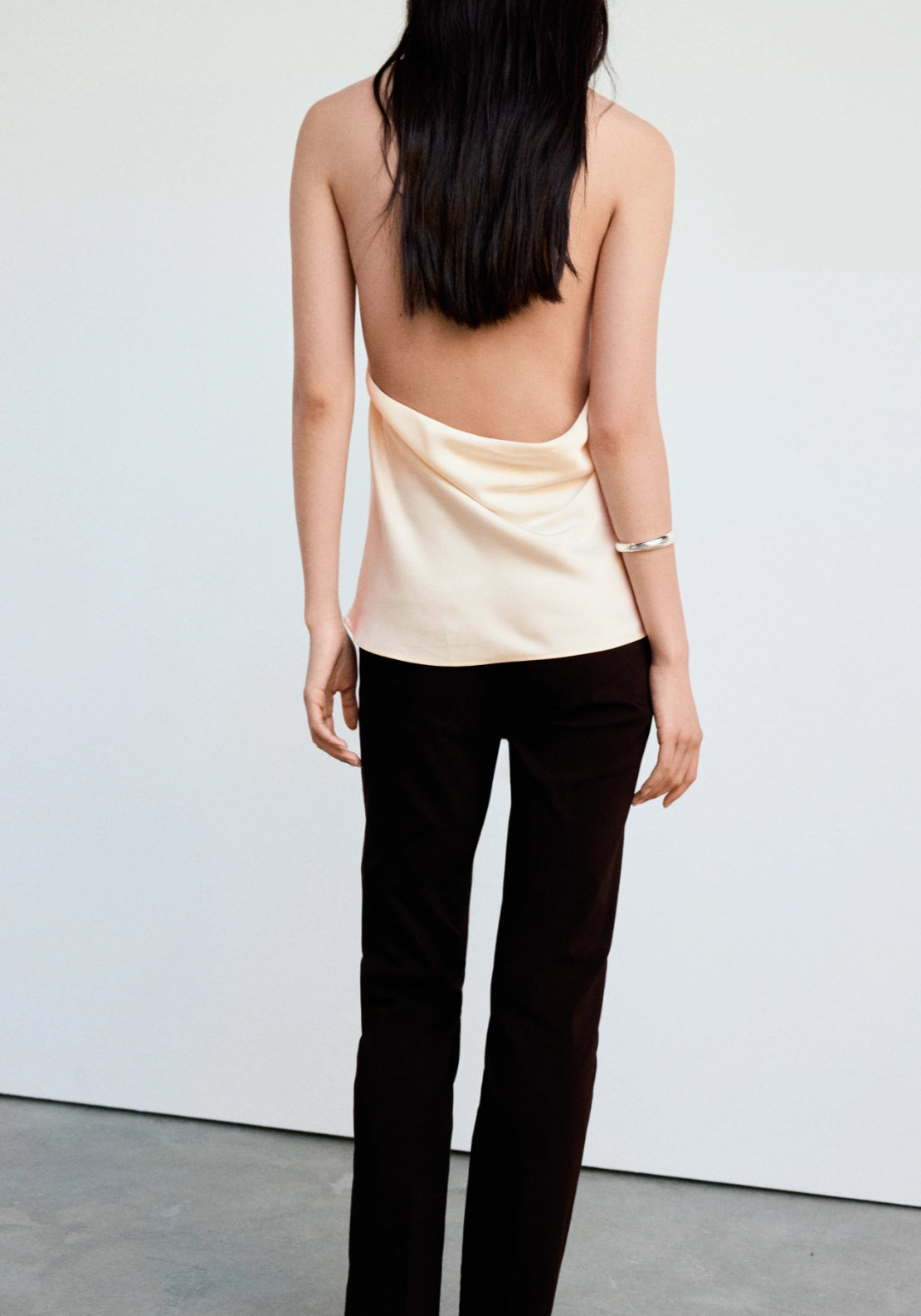 Draped Neck Satin Top - Beige