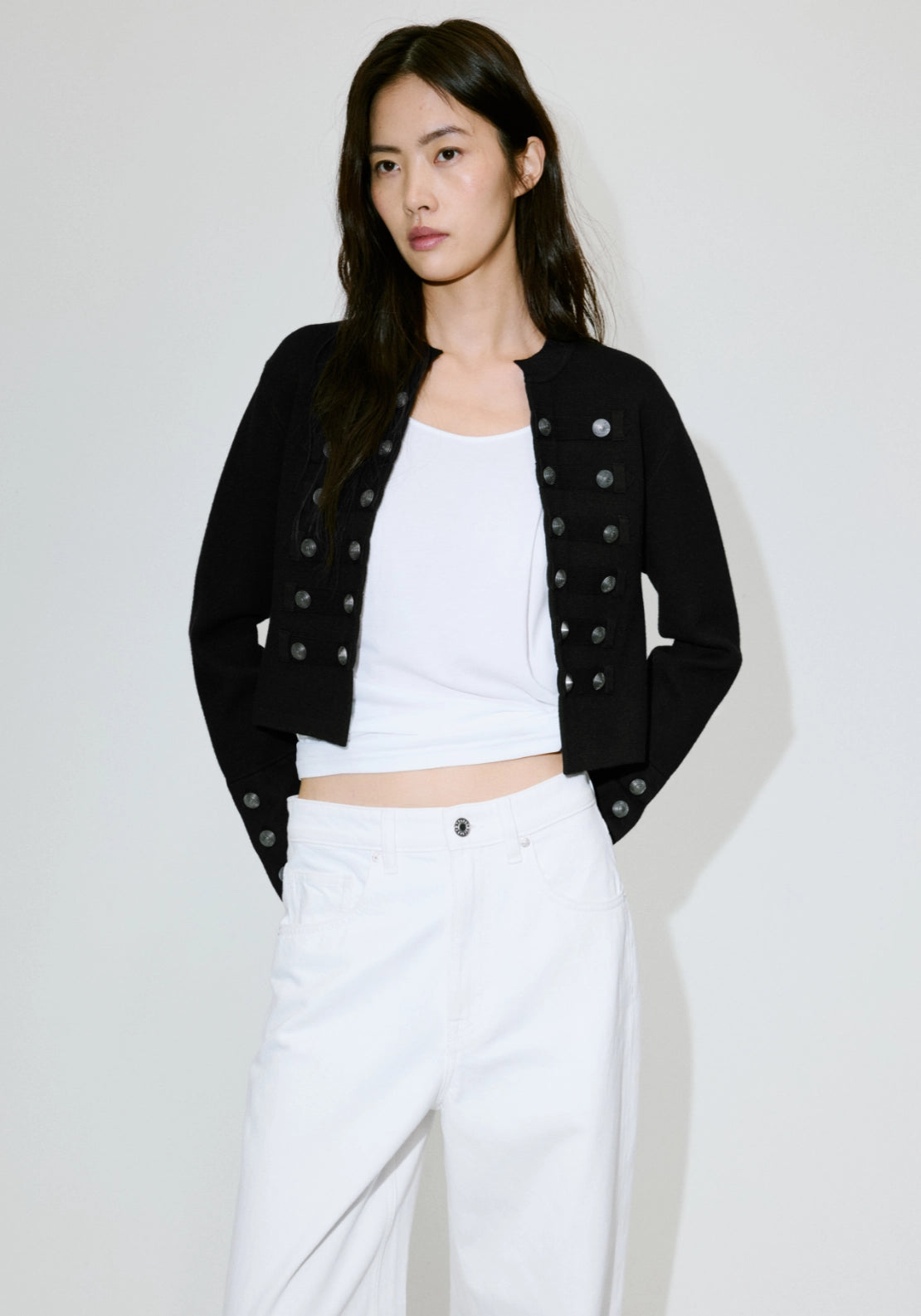 Fine Knit Buttoned Jacket - Black