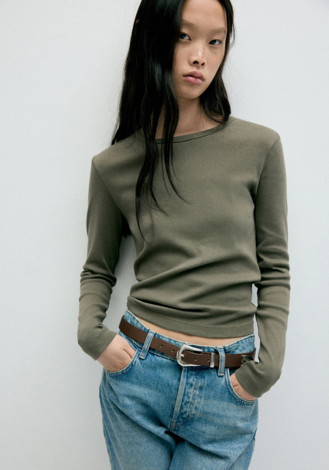 100% Cotton Fitted Long Sleeve Top - Green