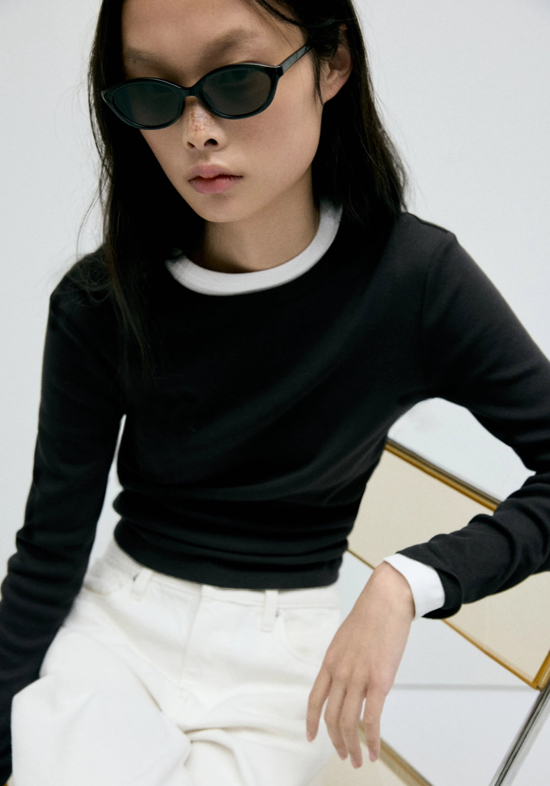 100% Cotton Fitted Long Sleeve Top - Black