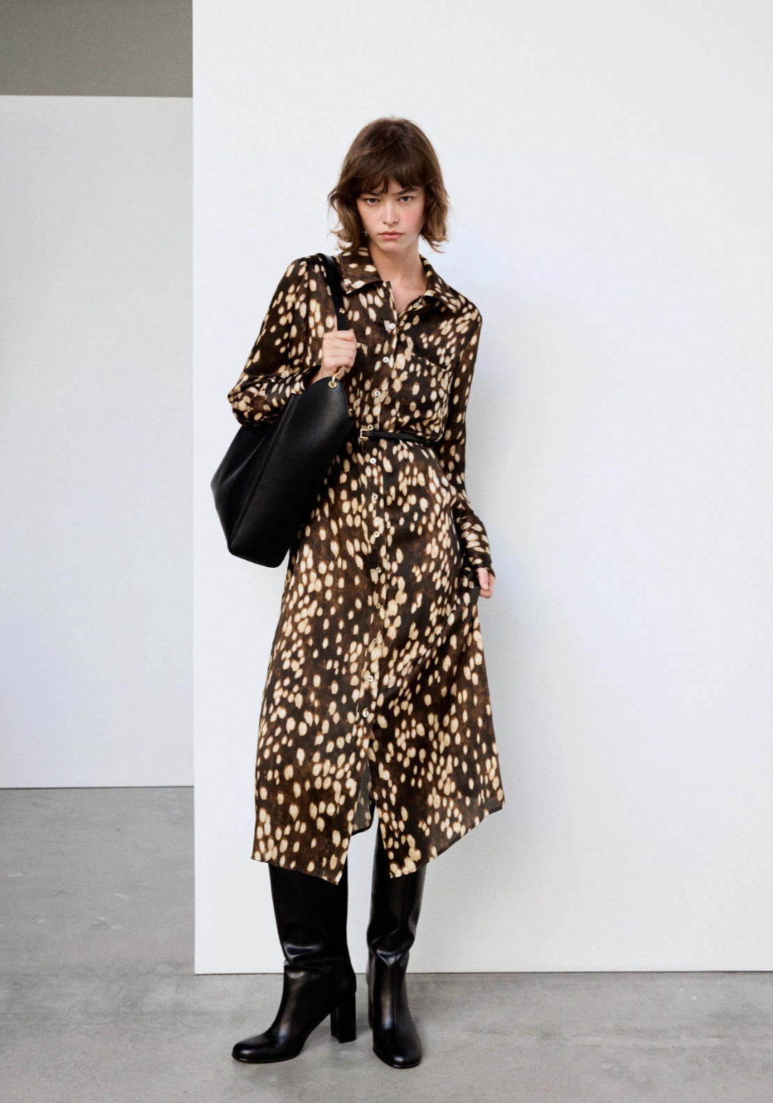 Printed Shirt Dress - Brown