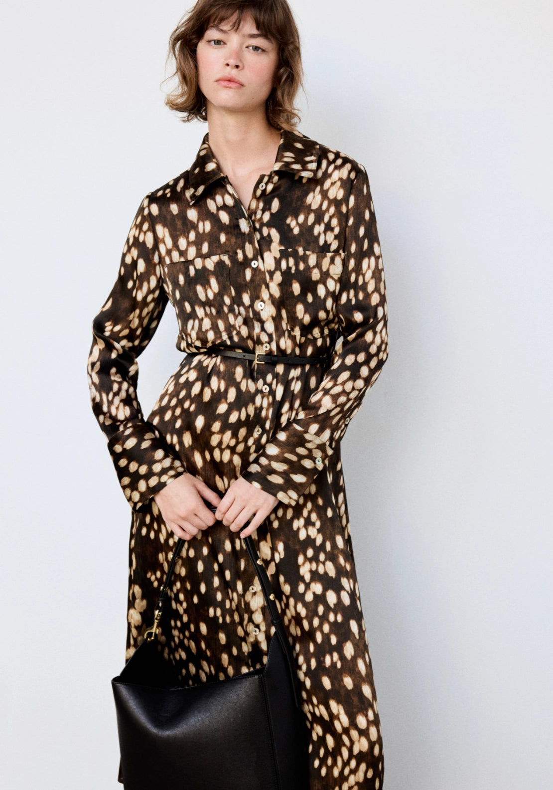 Printed Shirt Dress - Brown