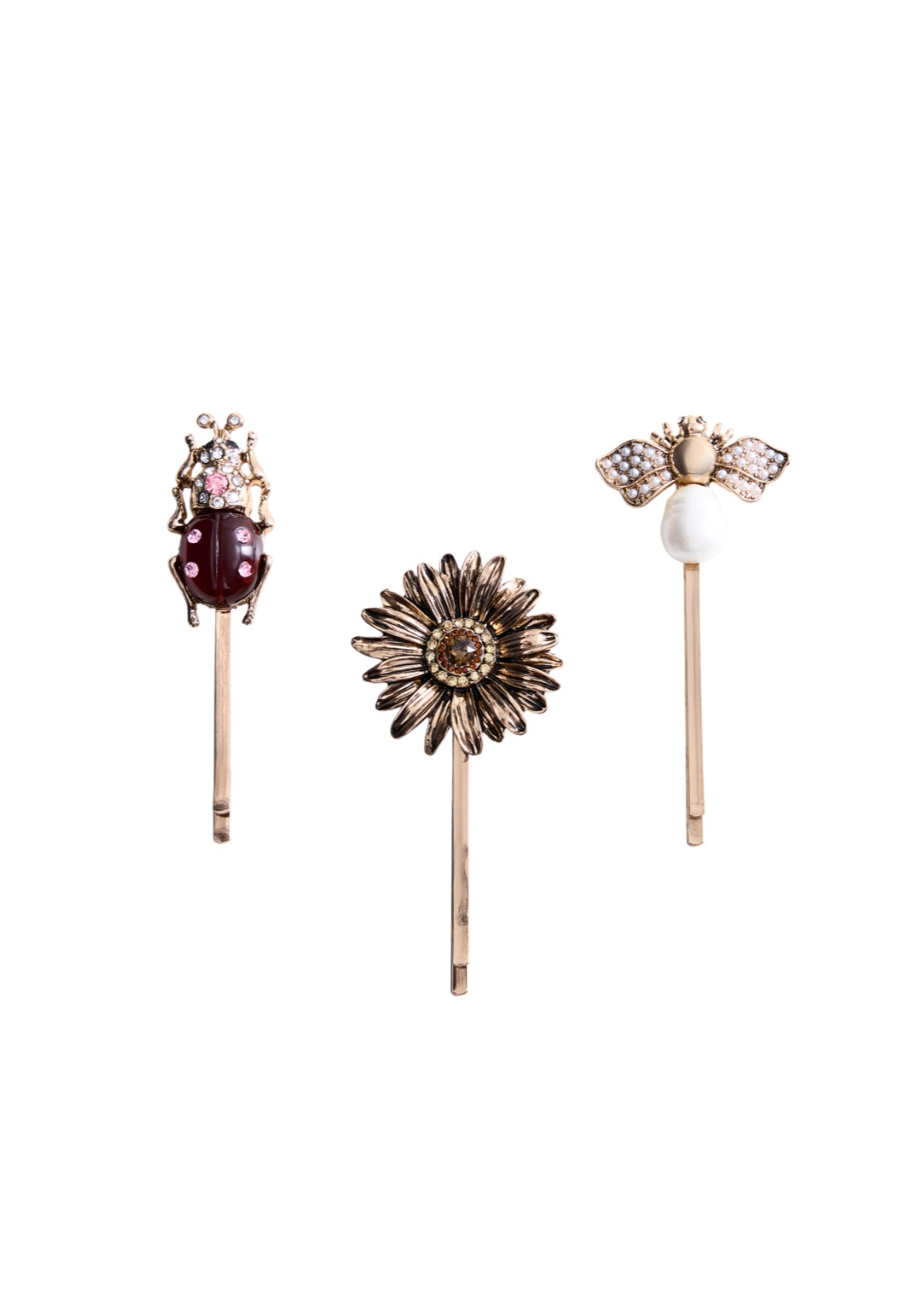 Set Of 3 Embellished Hairpins - Gold