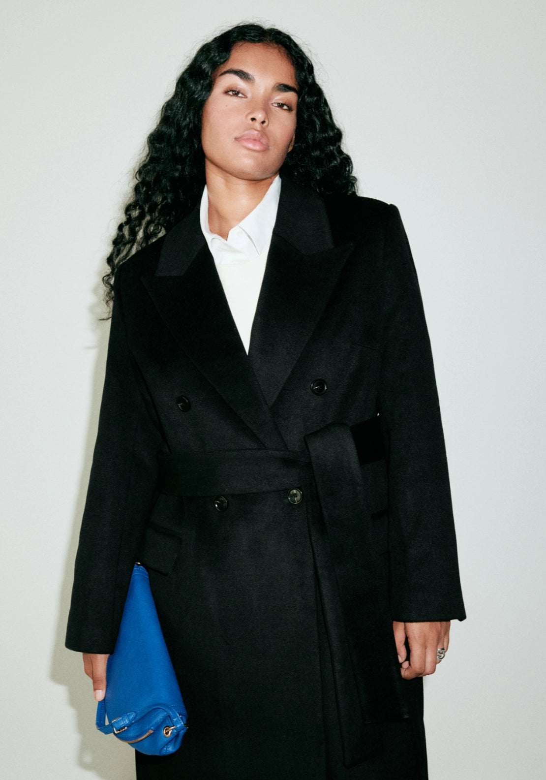 Coat With Peak Lapel and Belt - Black