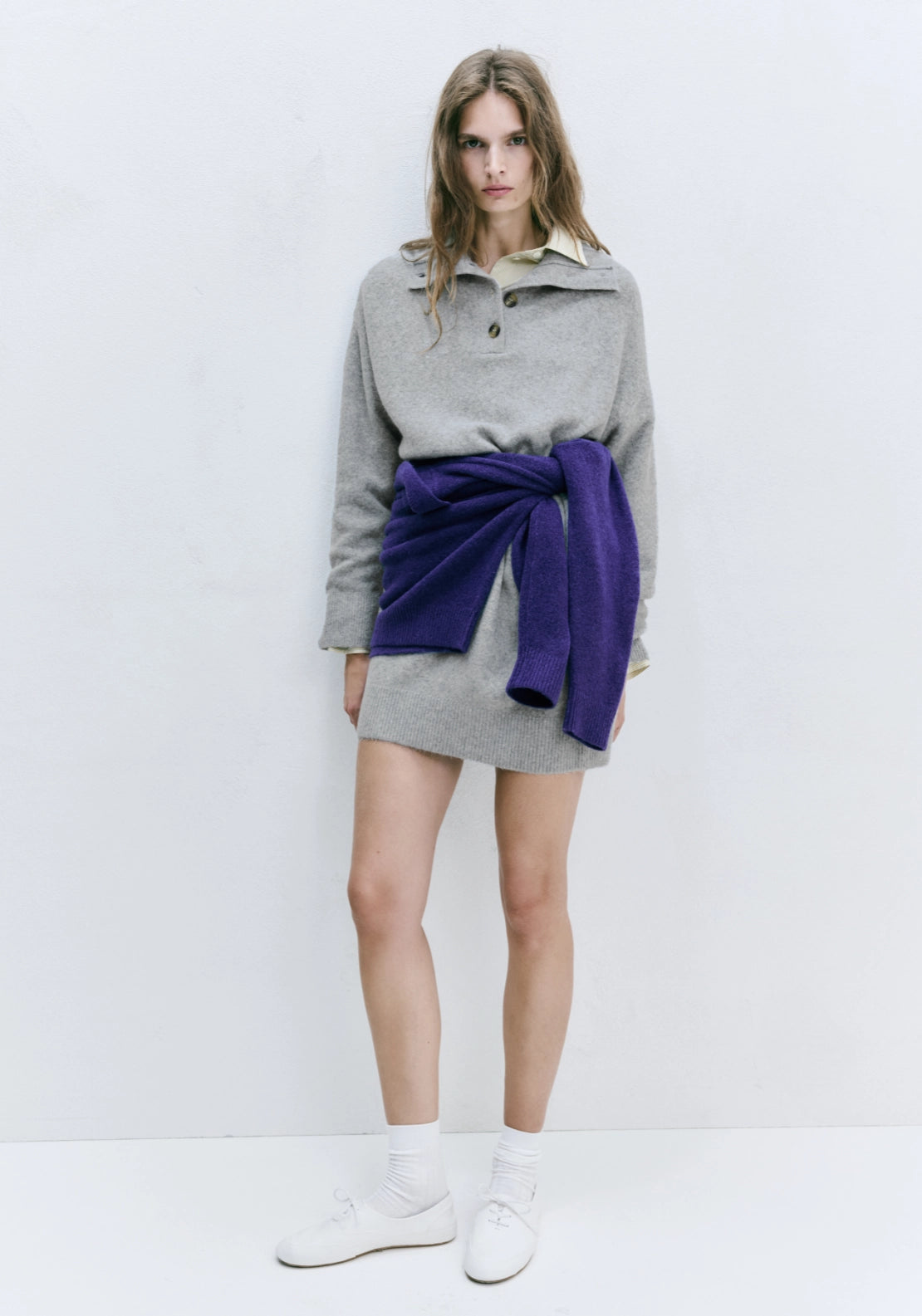 Short Knit Dress With High Neck - Grey