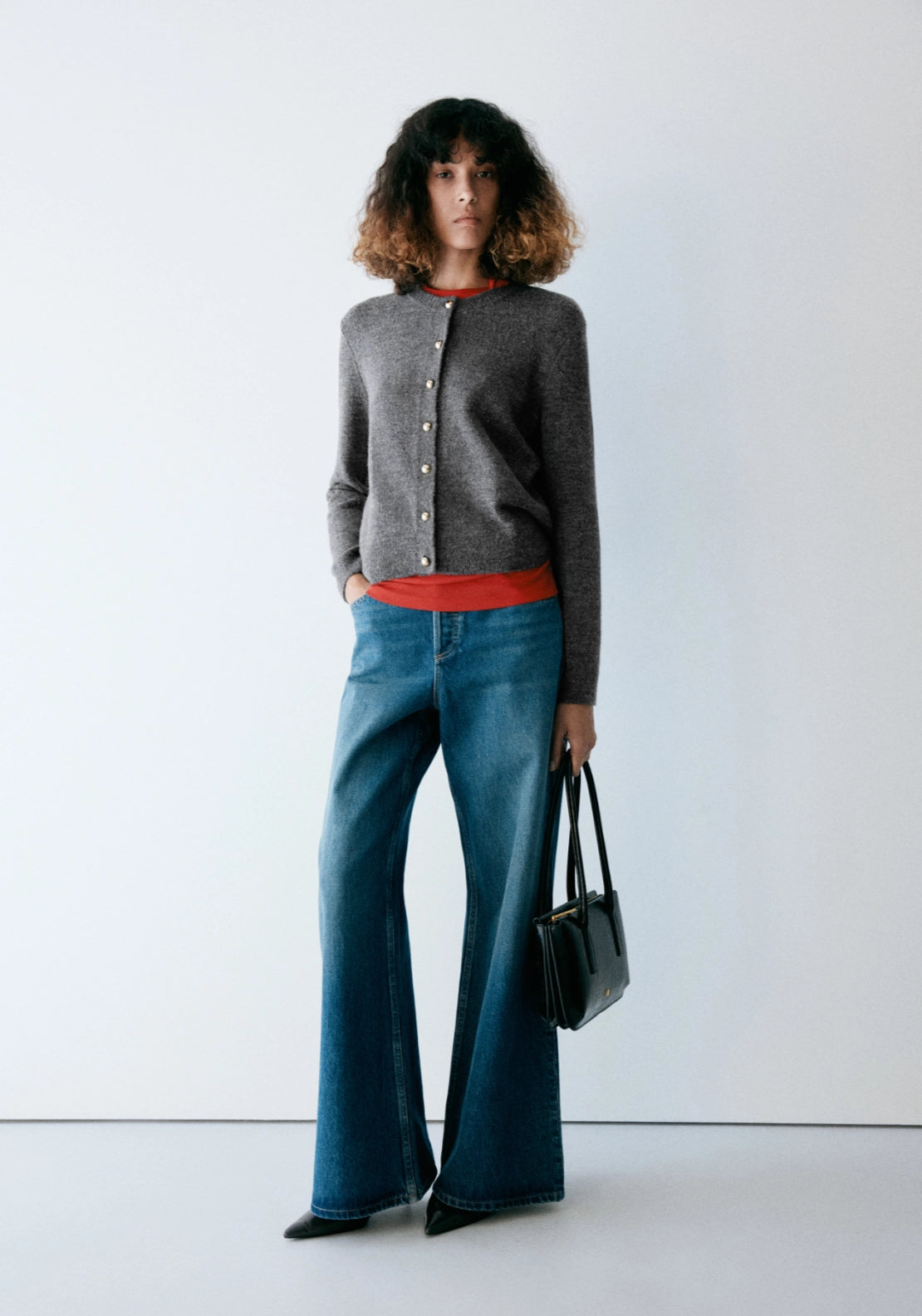 Knitted Cardigan With Metal Buttons - Grey