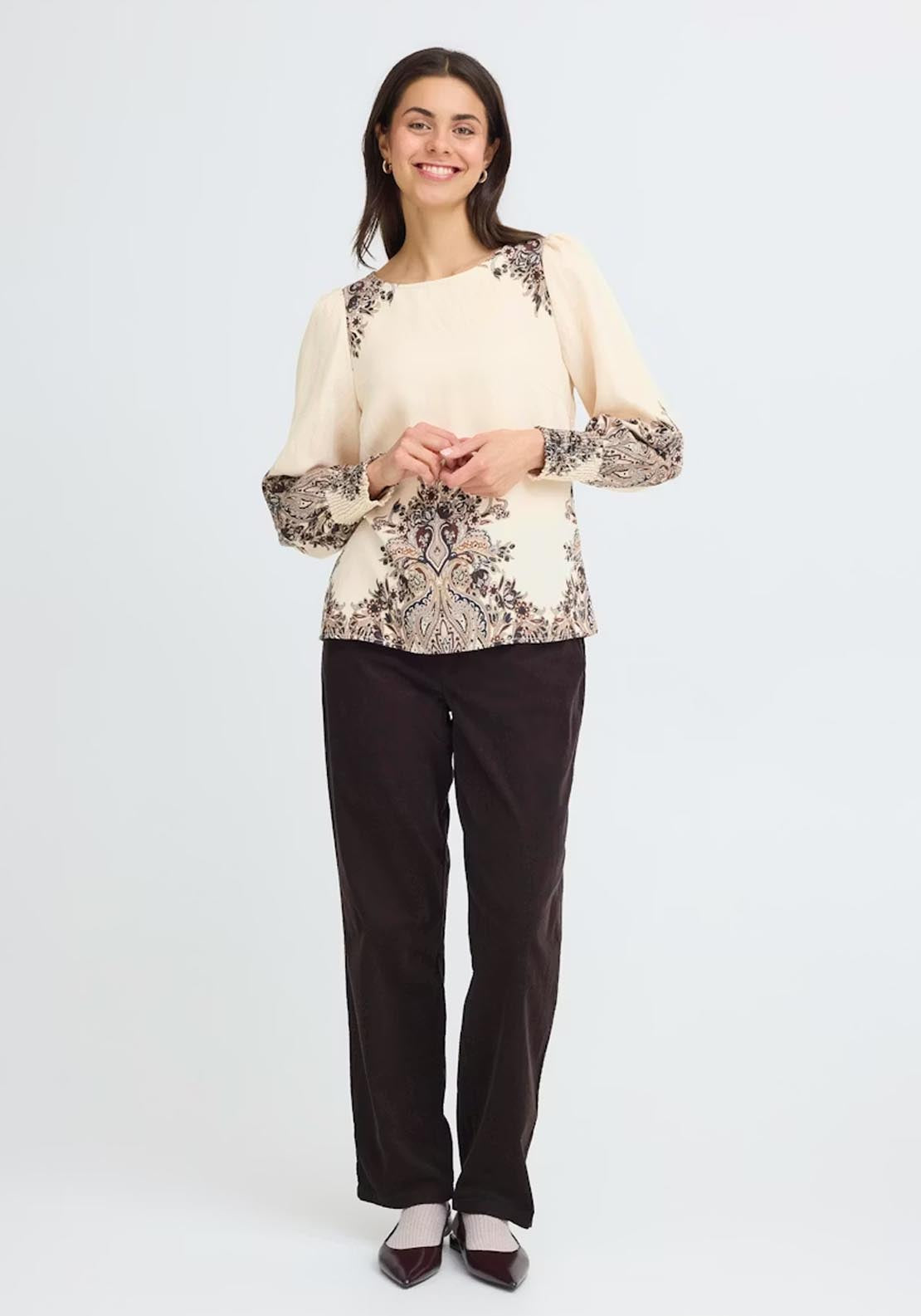 Fransa Long Sleeve Blouse - Pumicestone Paisley 5 Shaws Department Stores