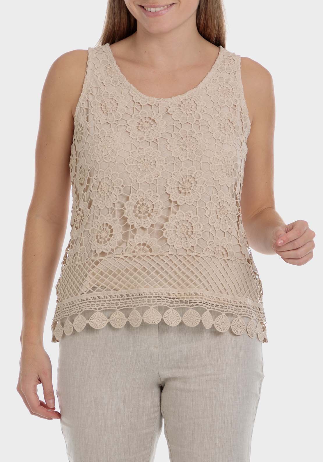 Punt Roma Crochet T-Shirt - Beige 1 Shaws Department Stores