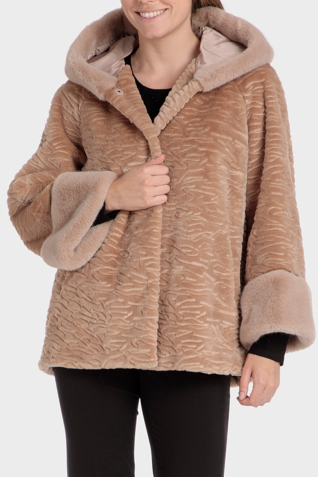 Punt Roma Fur Three-Quarter Coat - Beige 1 Shaws Department Stores