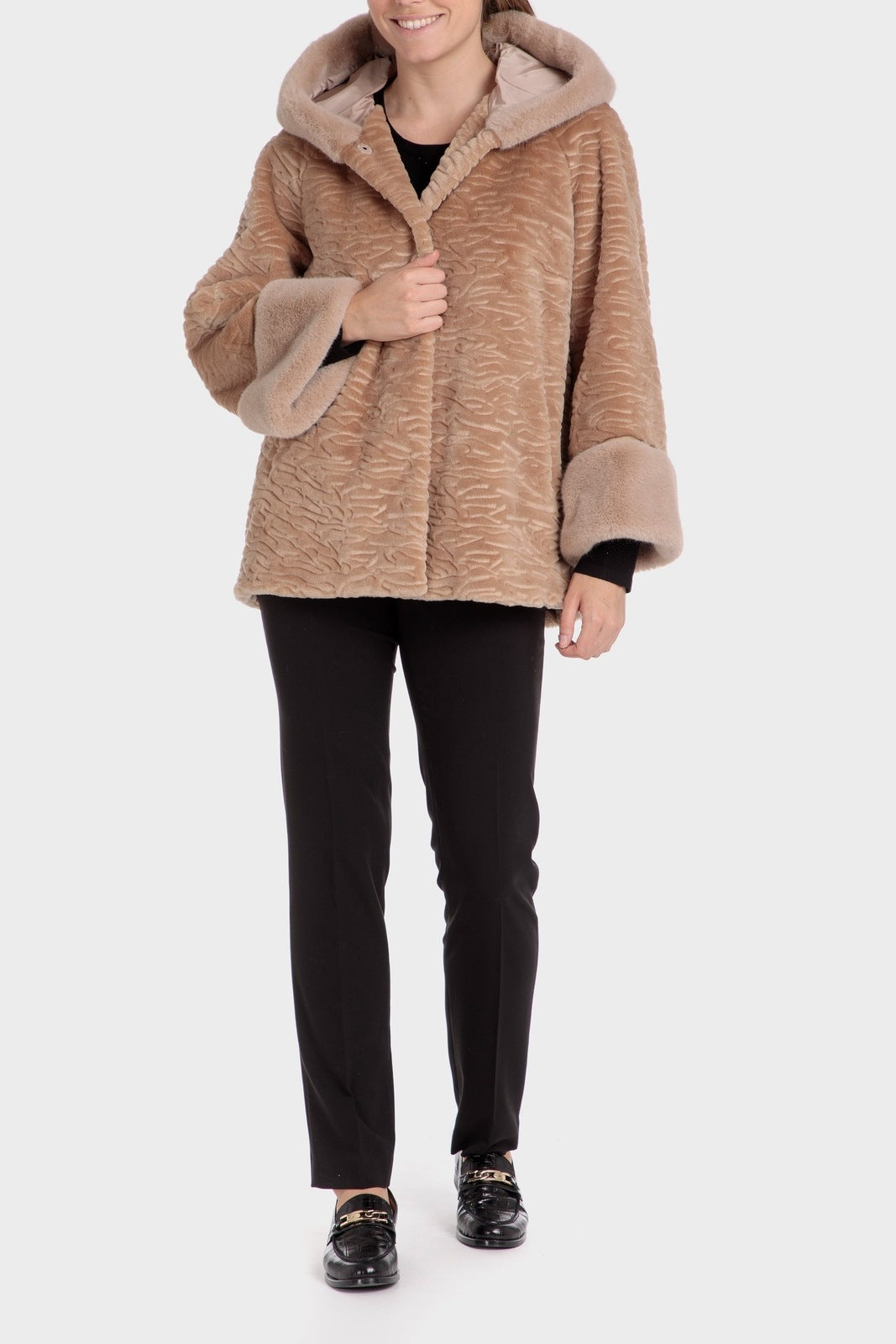 Punt Roma Fur Three-Quarter Coat - Beige 3 Shaws Department Stores