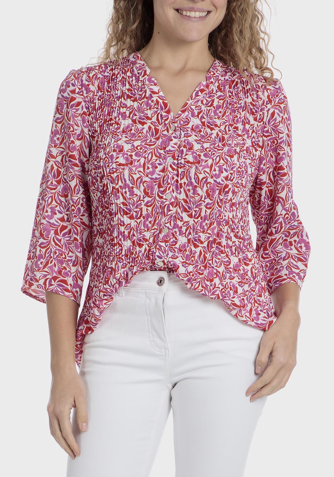 Punt Roma Printed Pleated Shirt - Fuchsia 1 Shaws Department Stores