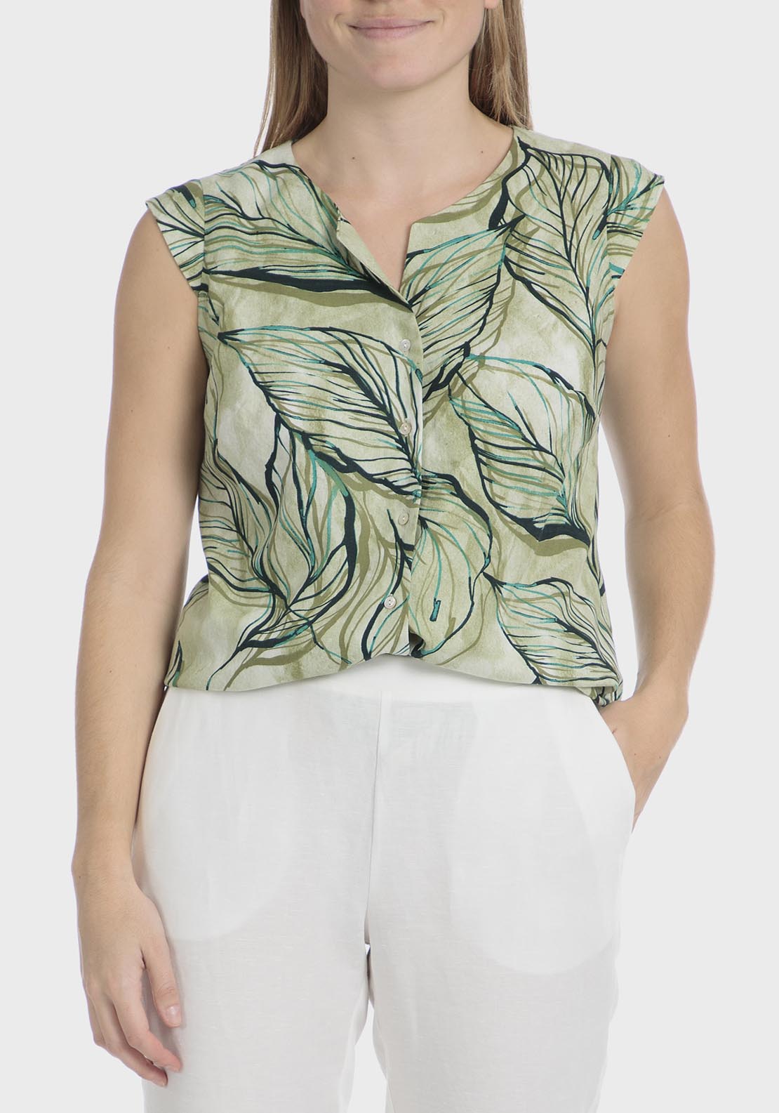 Punt Roma Printed Linen Shirt - Green 1 Shaws Department Stores