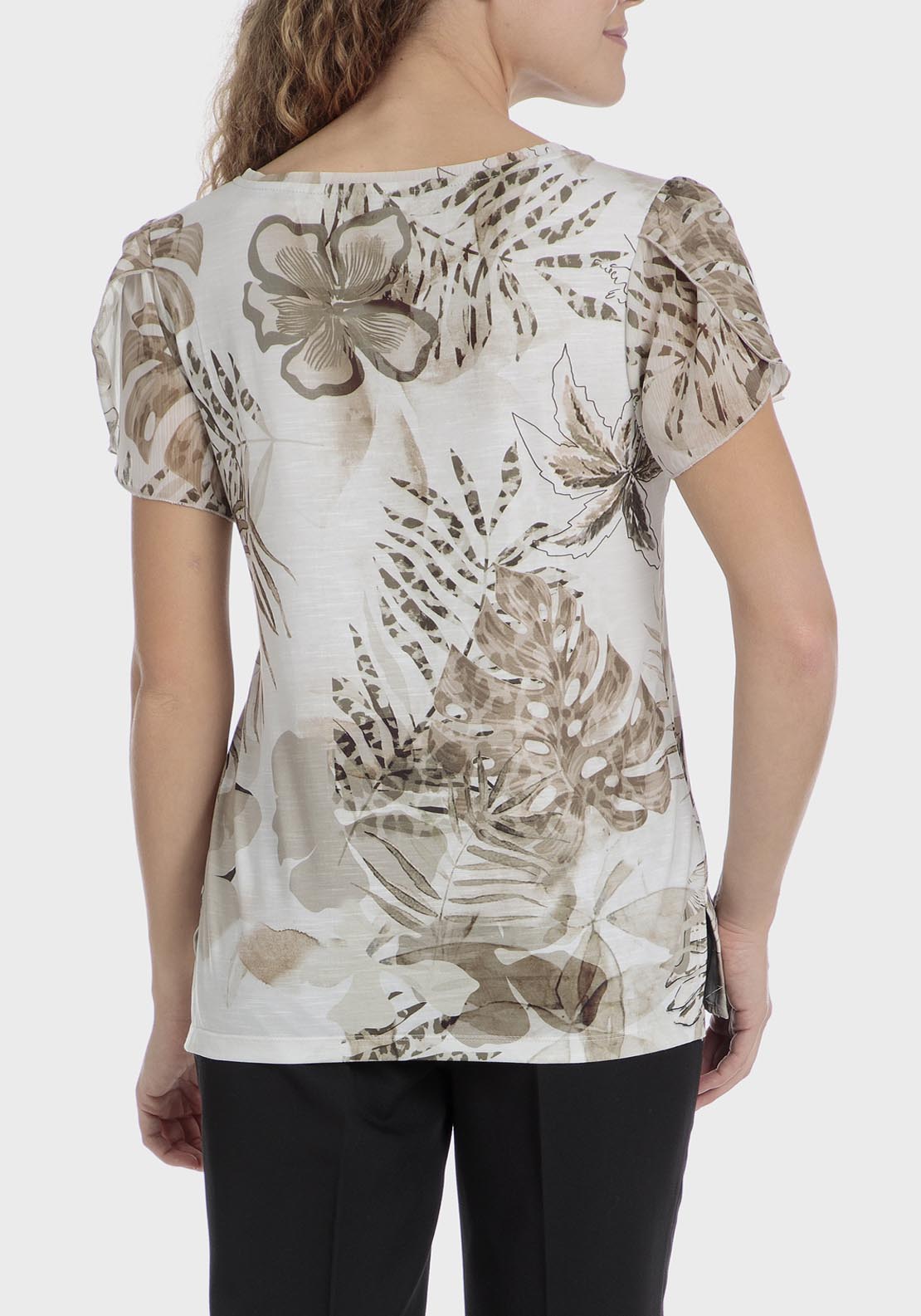 Punt Roma Round Neck Leaf Printed T-Shirt - Beige 2 Shaws Department Stores