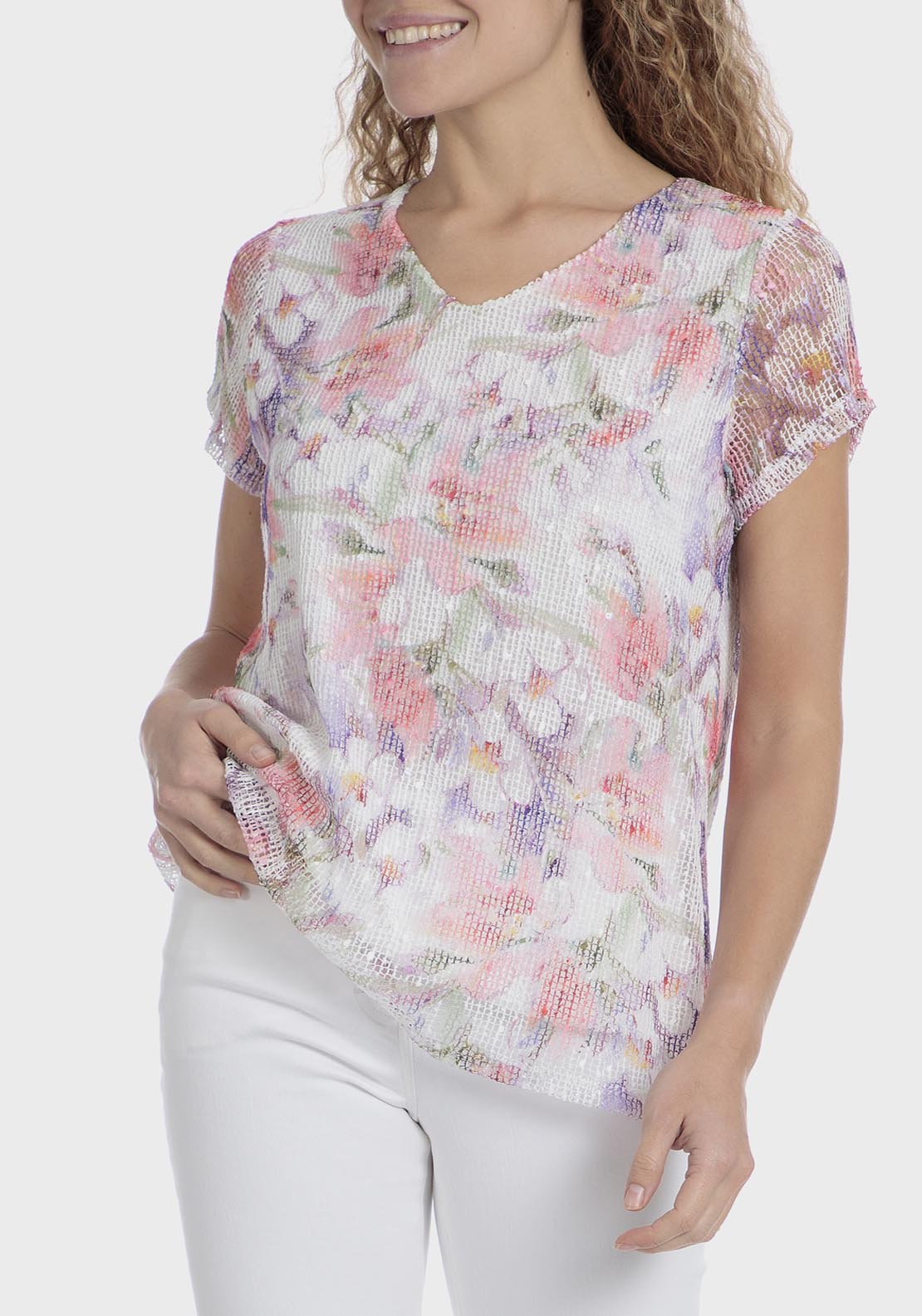 Punt Roma Mesh Sequins T-Shirt - White 1 Shaws Department Stores