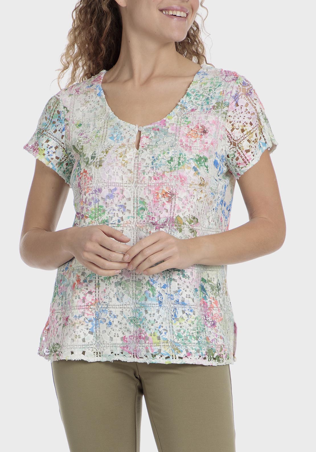 Punt Roma Printed Crochet T-Shirt - Green 1 Shaws Department Stores