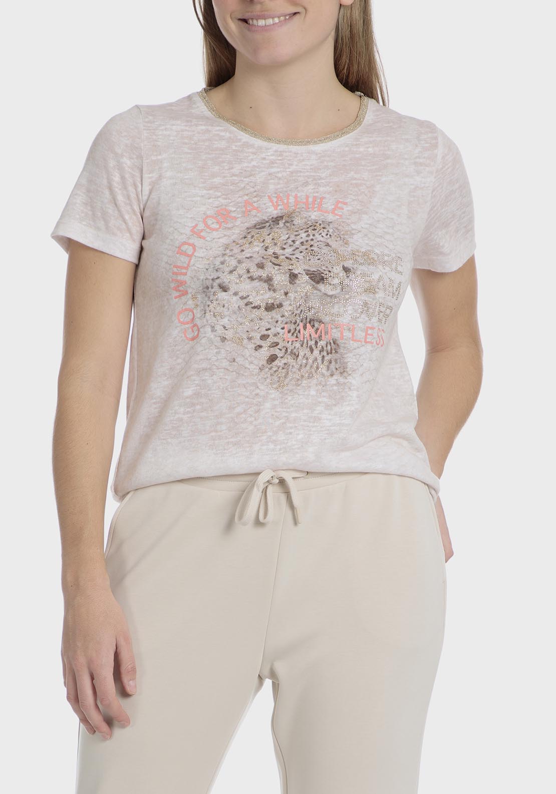 Punt Roma Metallic Thread T-Shirt - Beige 1 Shaws Department Stores