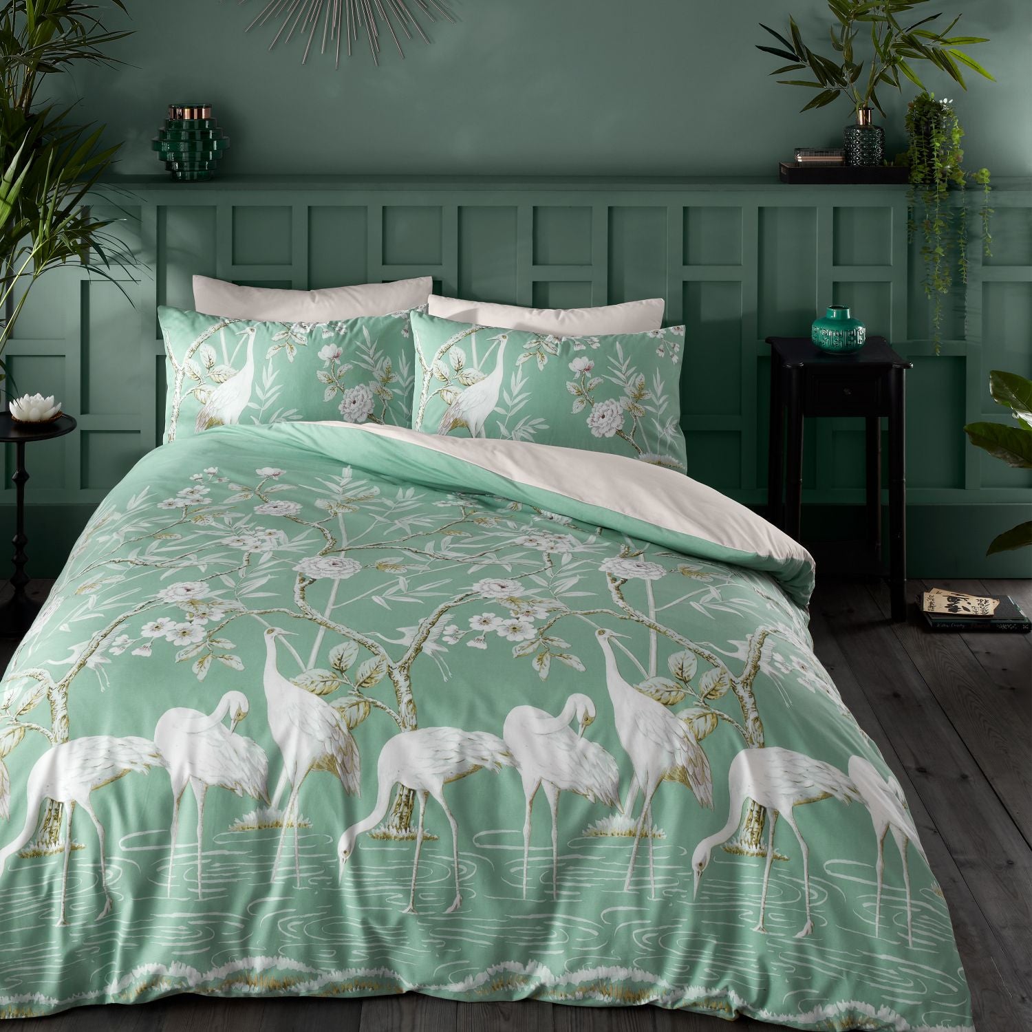 Bianca Painted Storks Cotton Duvet Cover Set - Natural / Green 1 Shaws Department Stores