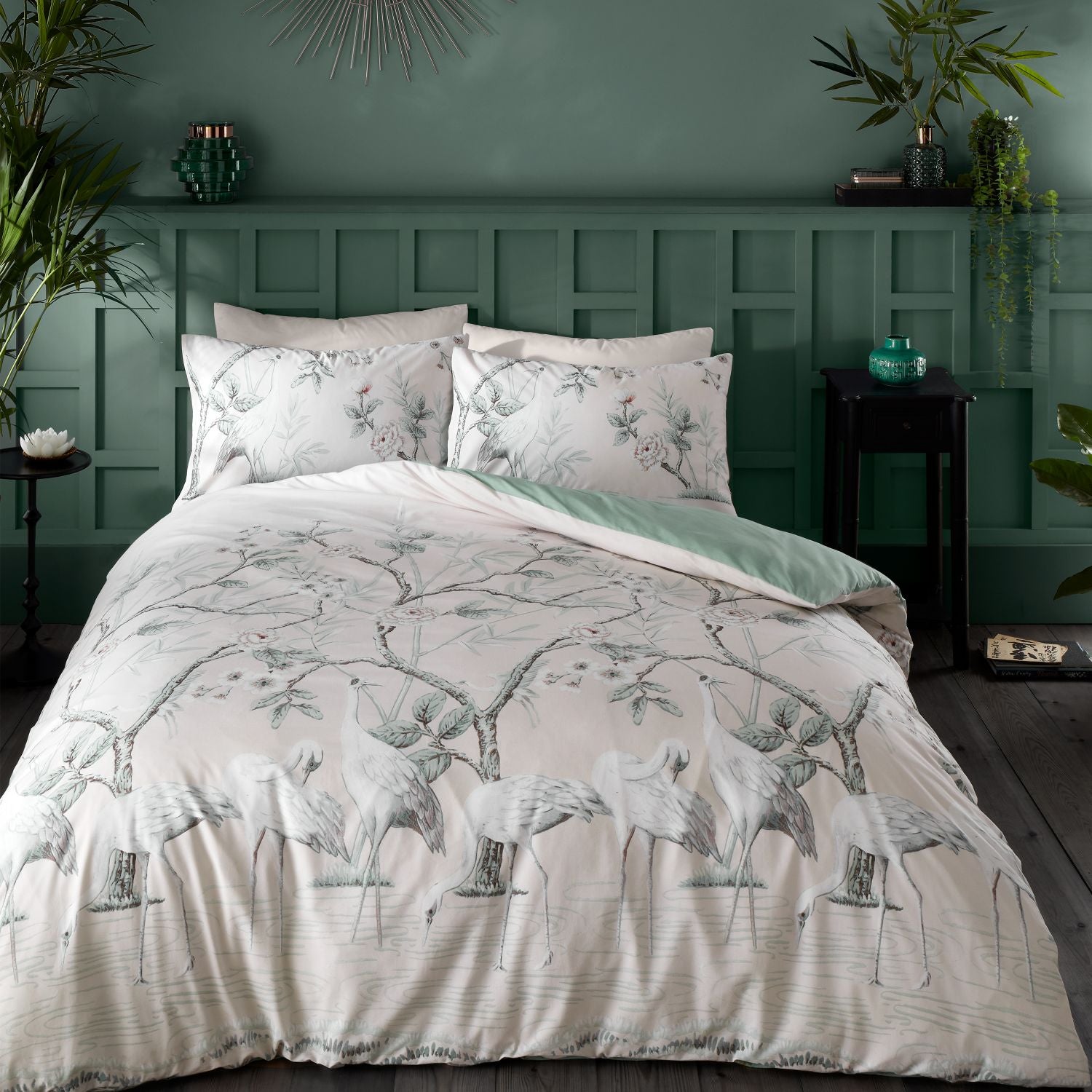 Bianca Painted Storks Cotton Duvet Cover Set - Natural / Green 5 Shaws Department Stores