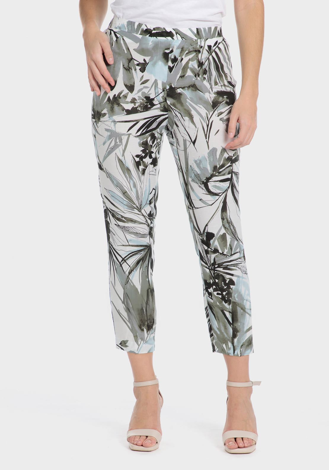 Punt Roma Printed Linen Trousers - Green 1 Shaws Department Stores