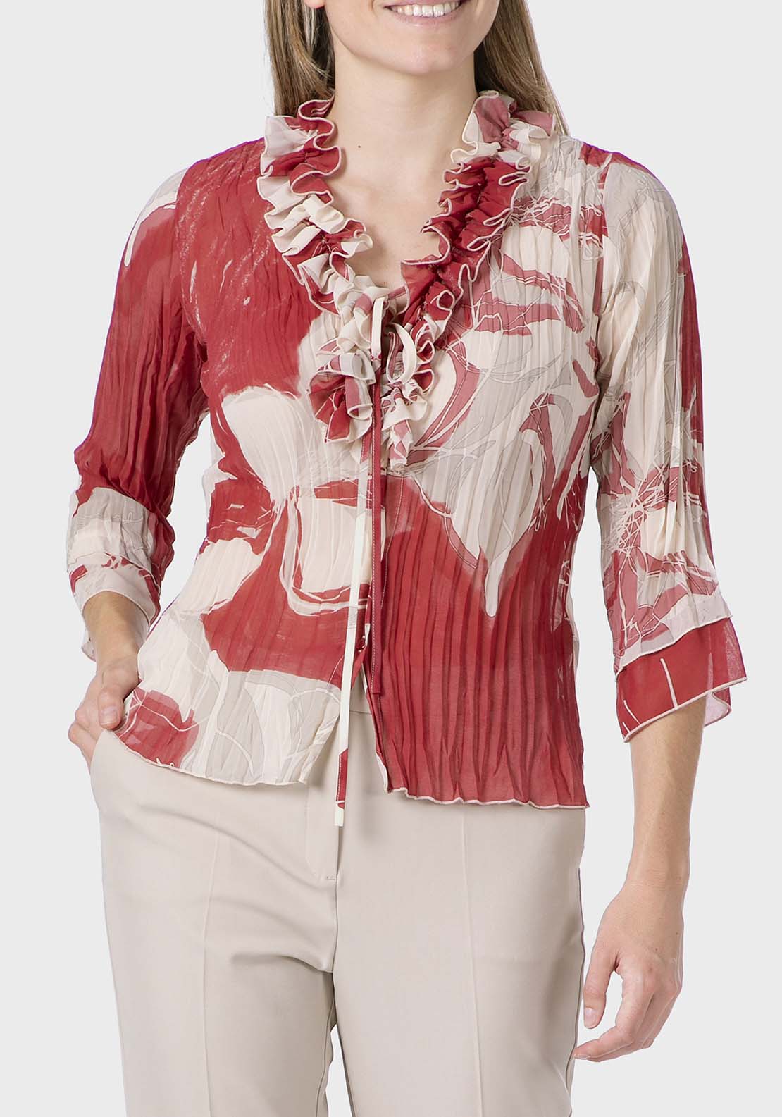 Printed Pleated Shirt - Red