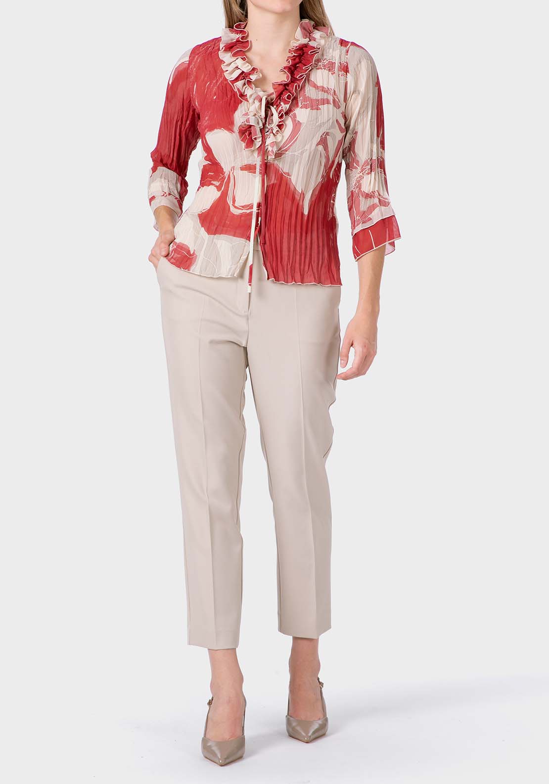 Printed Pleated Shirt - Red