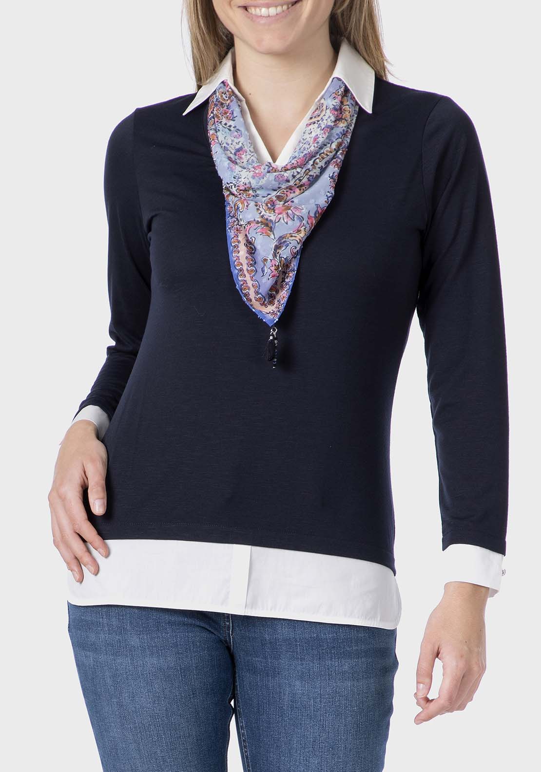 Silk Scarf Faux Twinset - Blue Navy