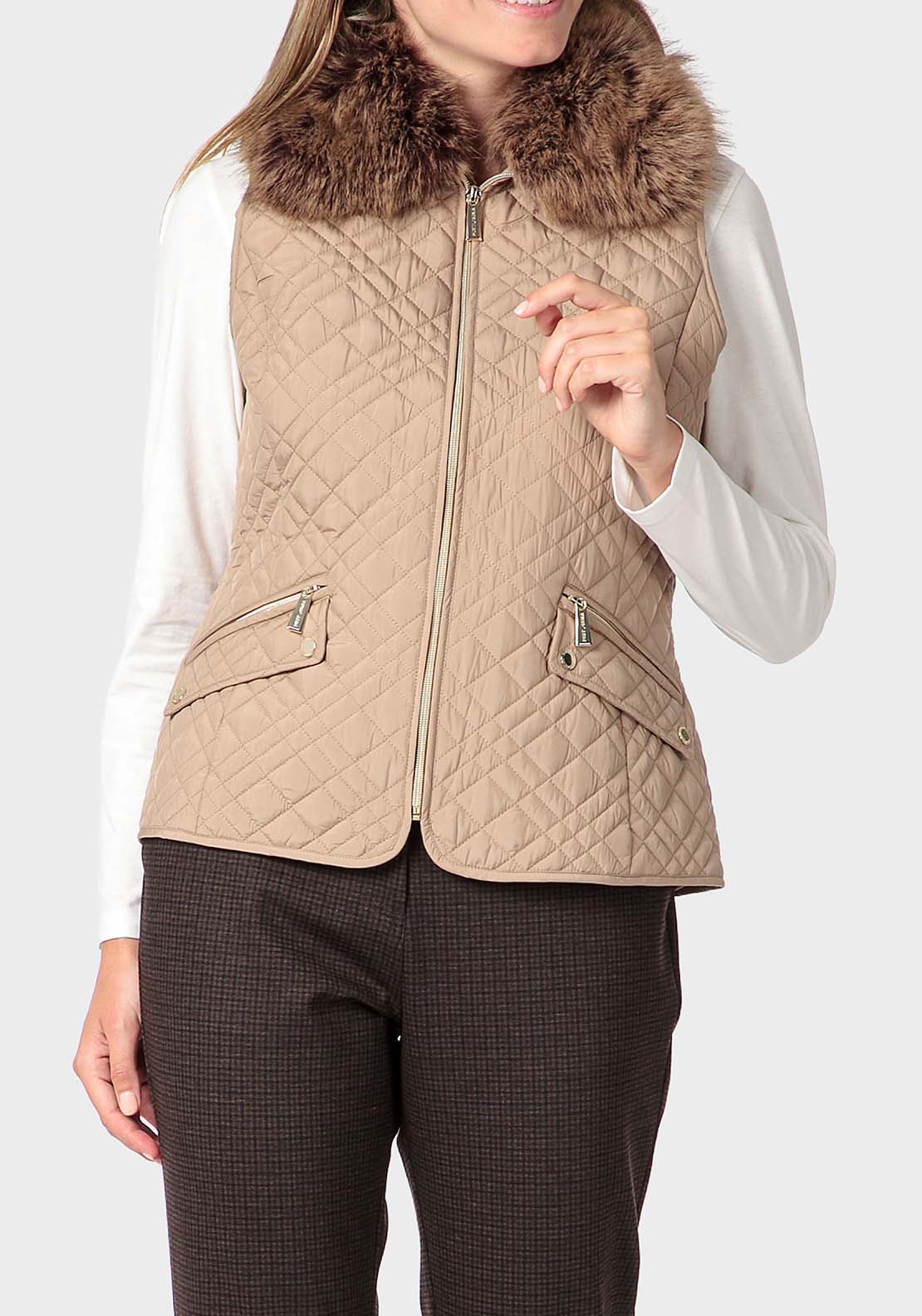 Punt Roma Fur Waistcoat - Beige 1 Shaws Department Stores