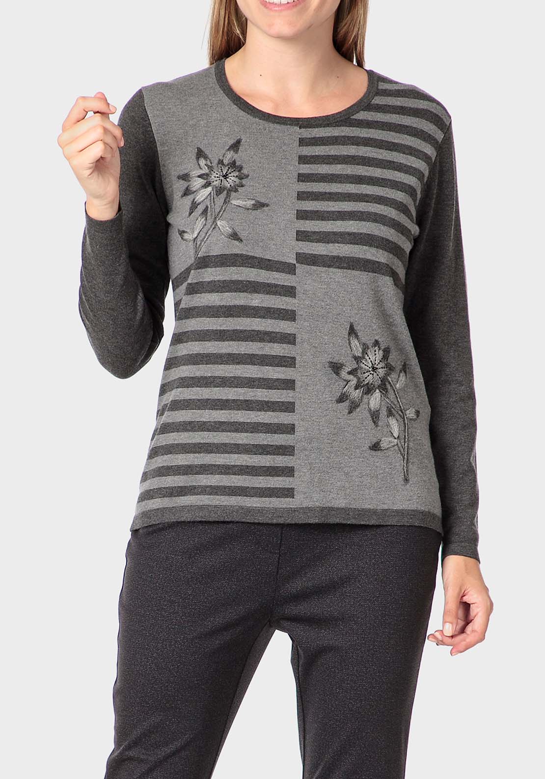 Punt Roma Embroidered Sweater - Grey 1 Shaws Department Stores