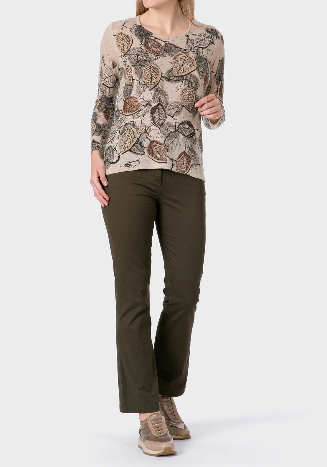 Leaf Printed Sweater - Beige / Grey