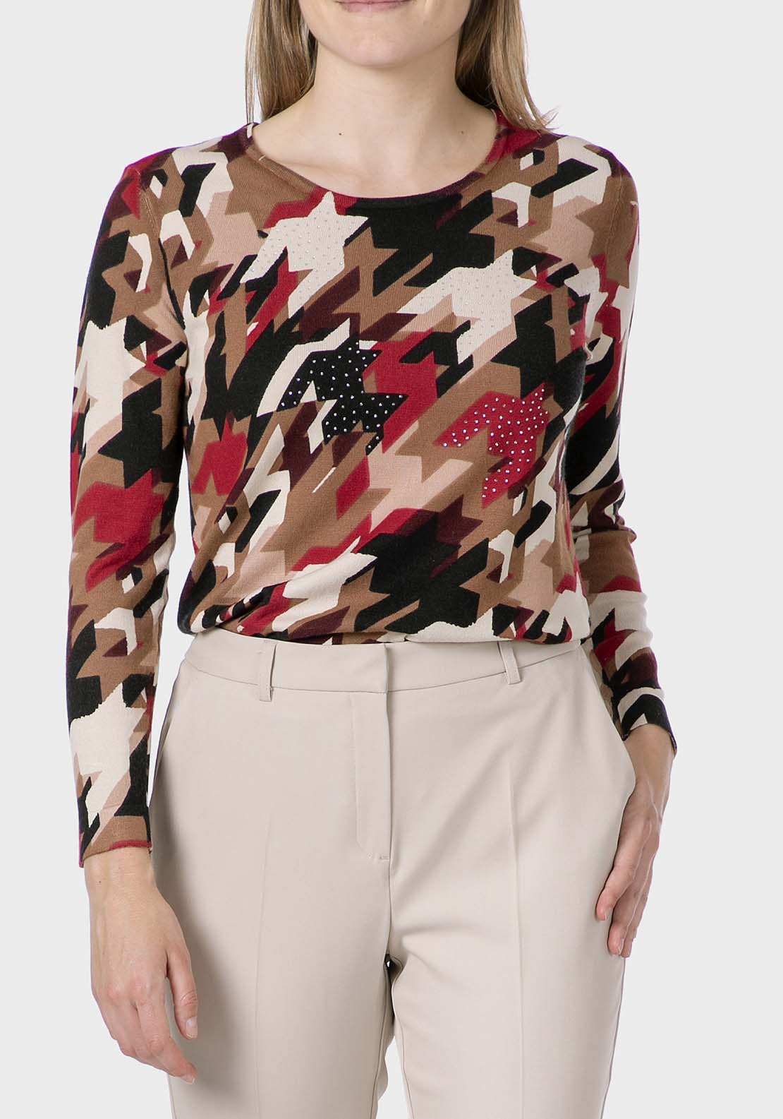 Rhinestone Print Sweater - Beige Camel