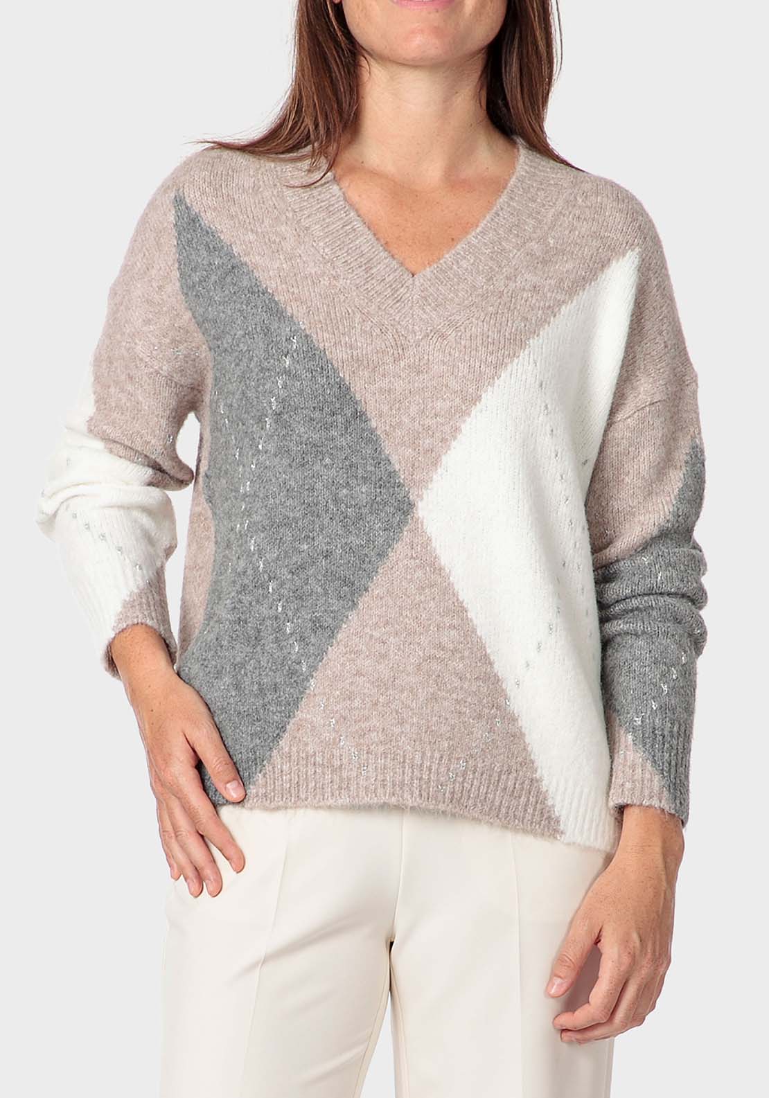 Punt Roma Intarsia Sweater - Beige / Grey 1 Shaws Department Stores