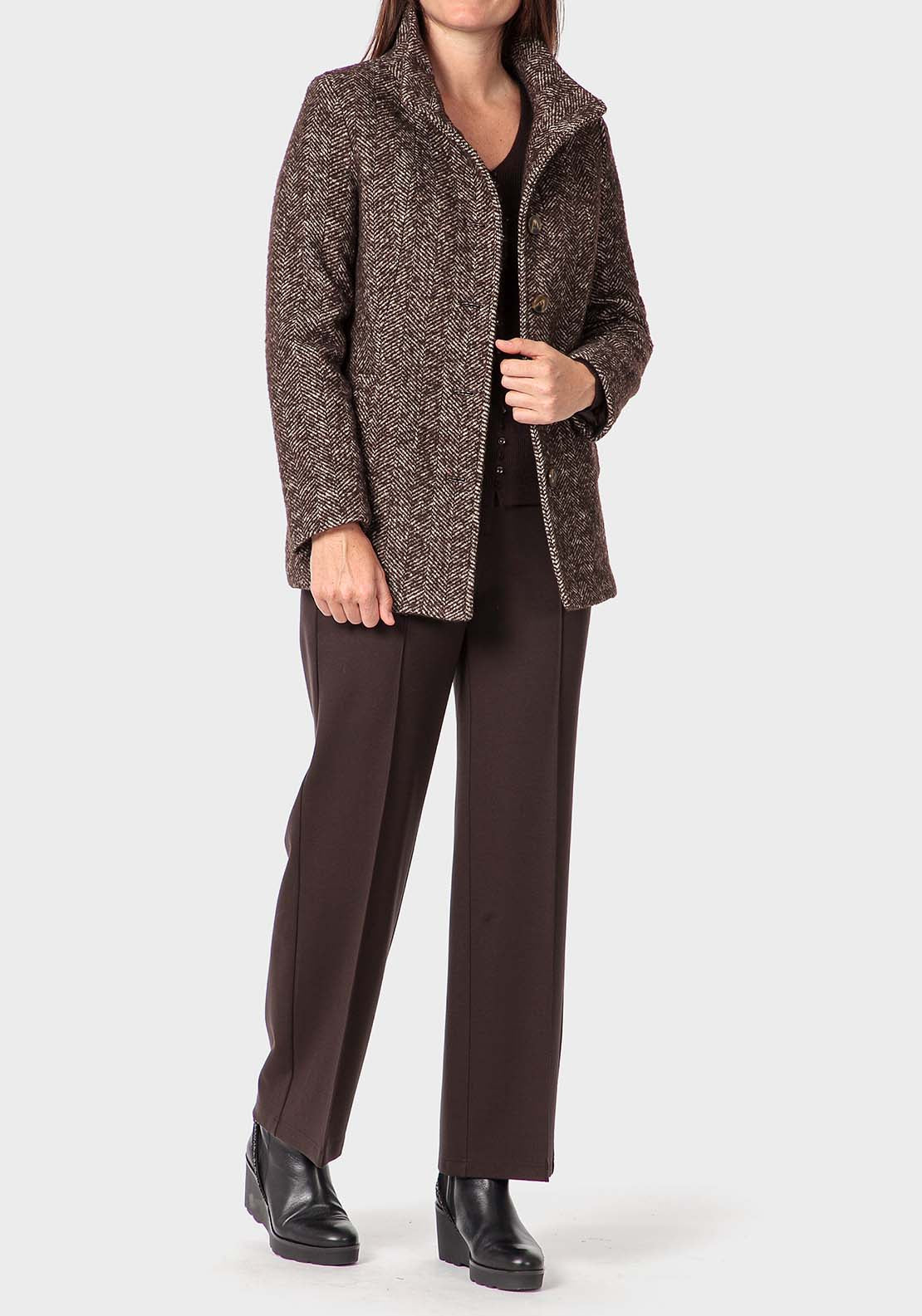Punt Roma Herringbone Three Quarter Coat - Brown 3 Shaws Department Stores