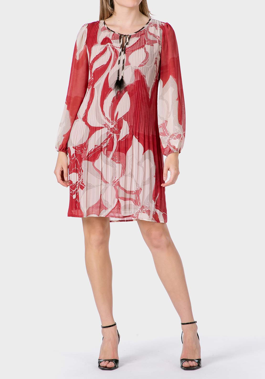 Punt Roma Pleated Printed Dress - Red 1 Shaws Department Stores